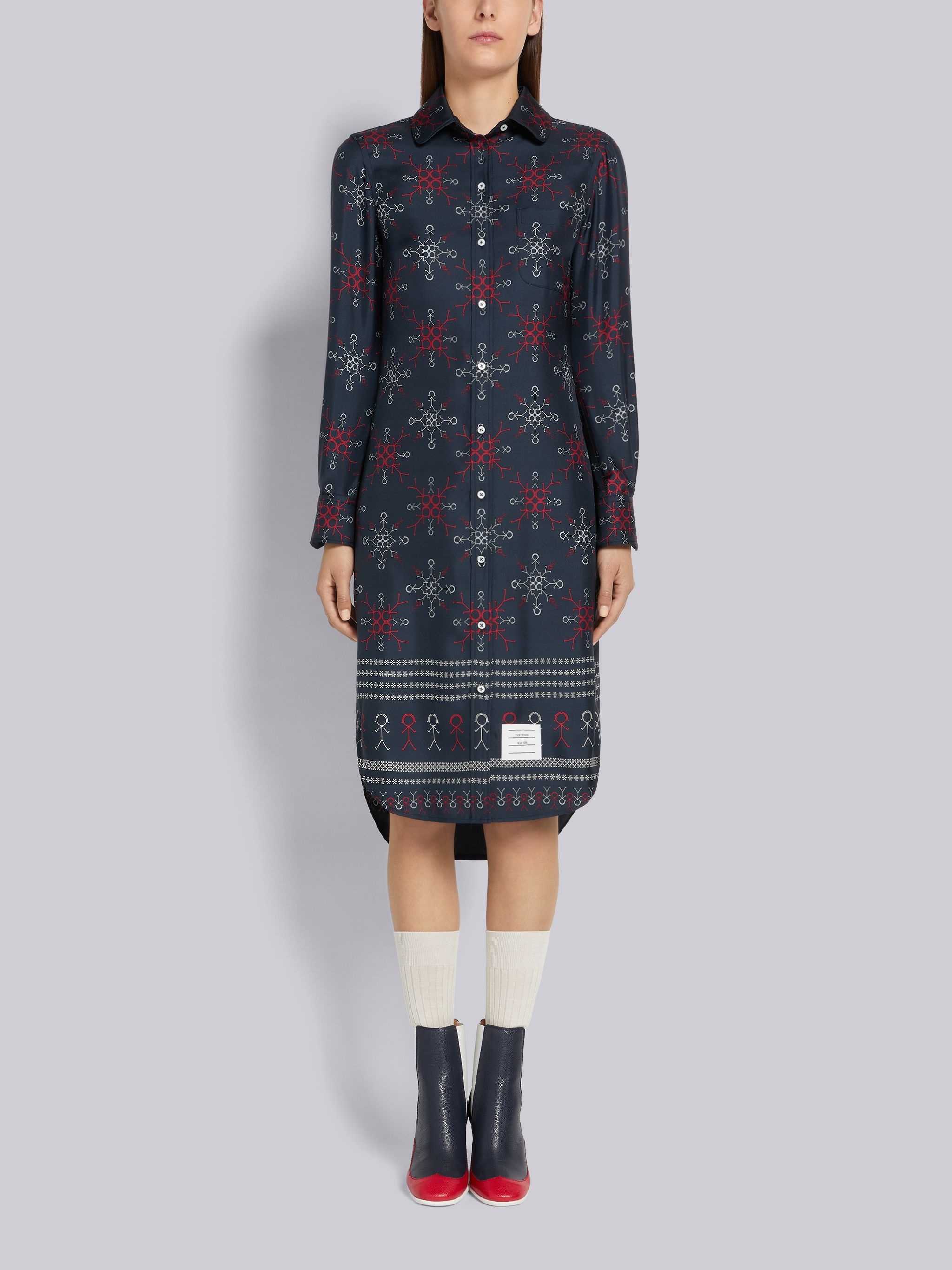 Multicolor Silk Twill Mrs. Thom Falling Snowflake Print Knee Length Round Collar Shirtdress - 1