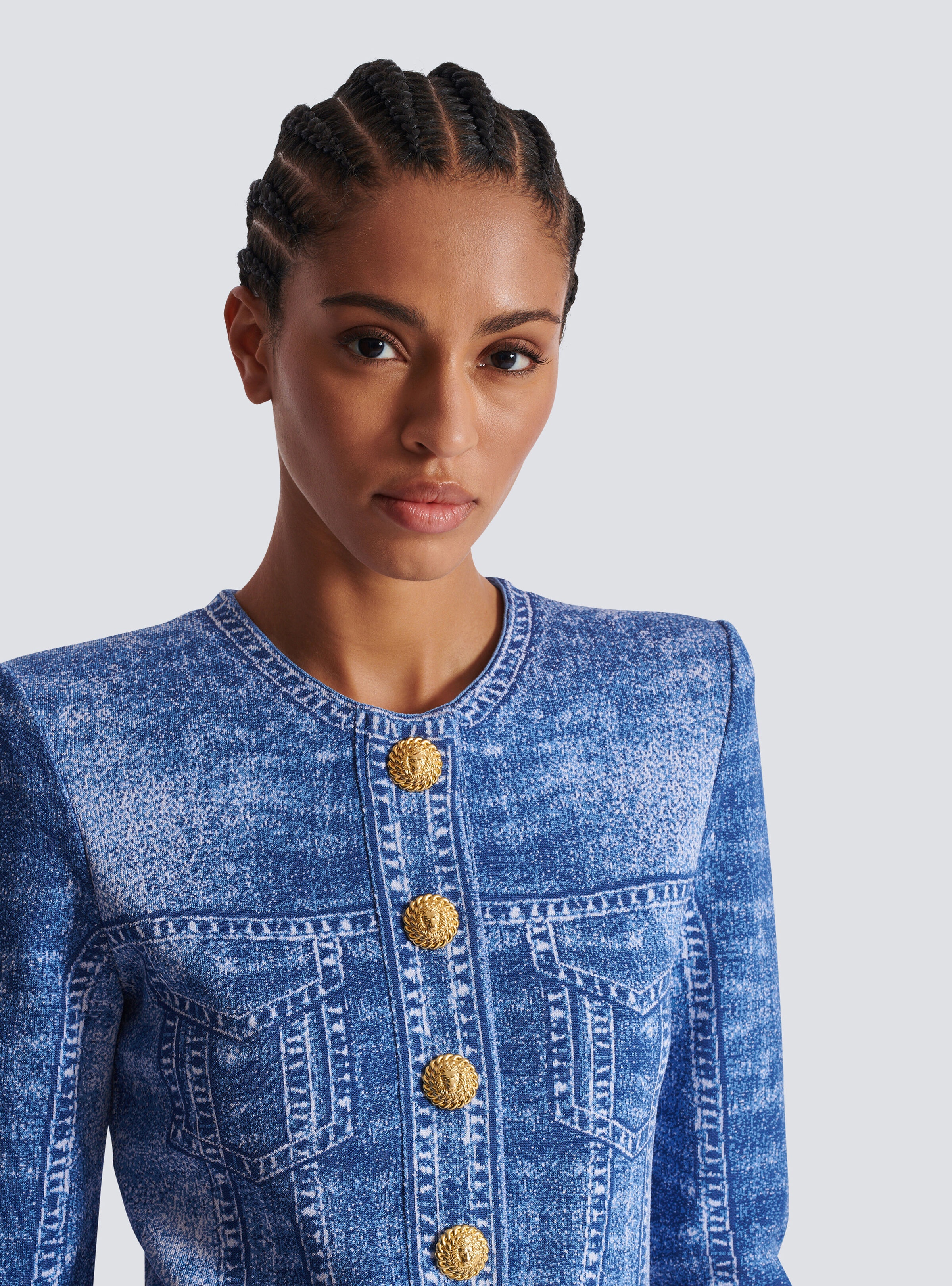 Jacquard knit cardigan with denim effect - 7