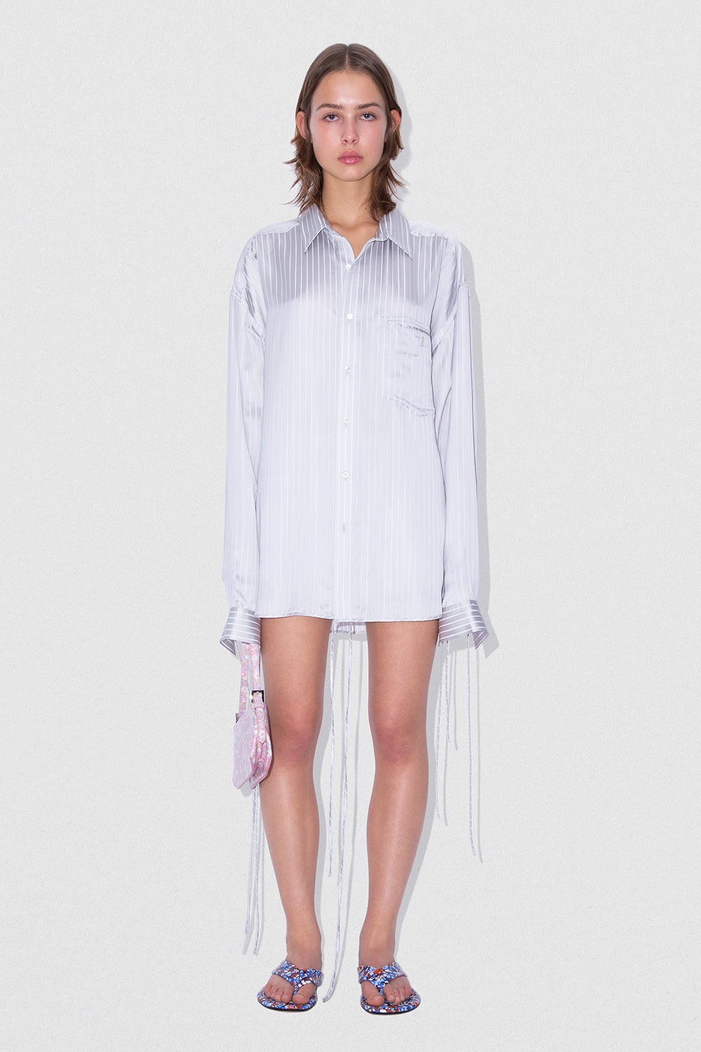 SATIN PIN STRIPE SHIRT GREY AND WHITE VISCOSE BLEND - 2