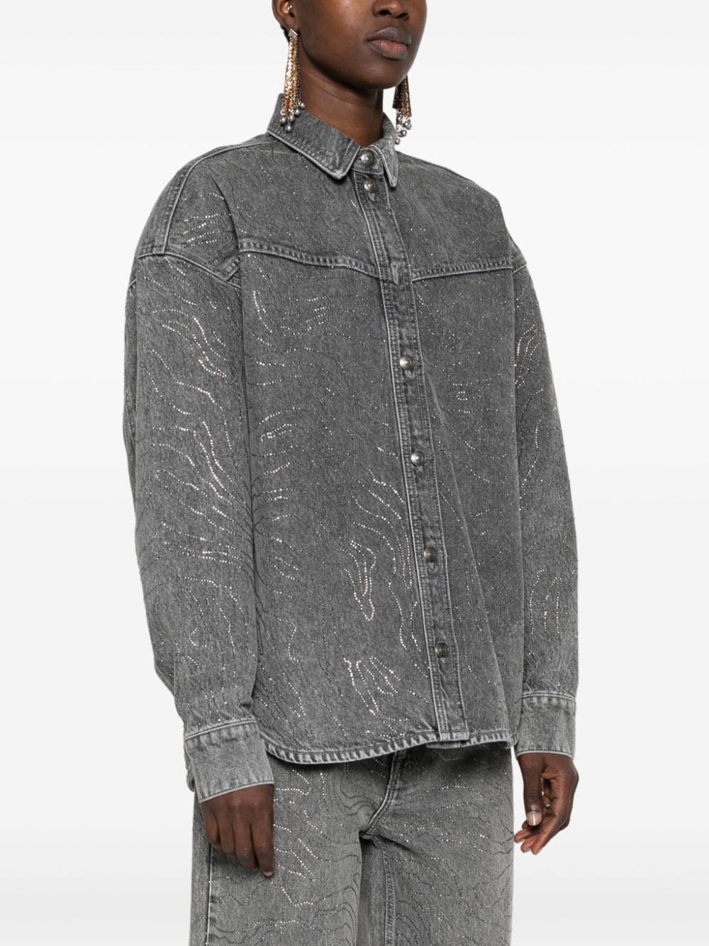 ROTATE RHINESTONE DENIM OVERSIZE SHIRT GREY - 3