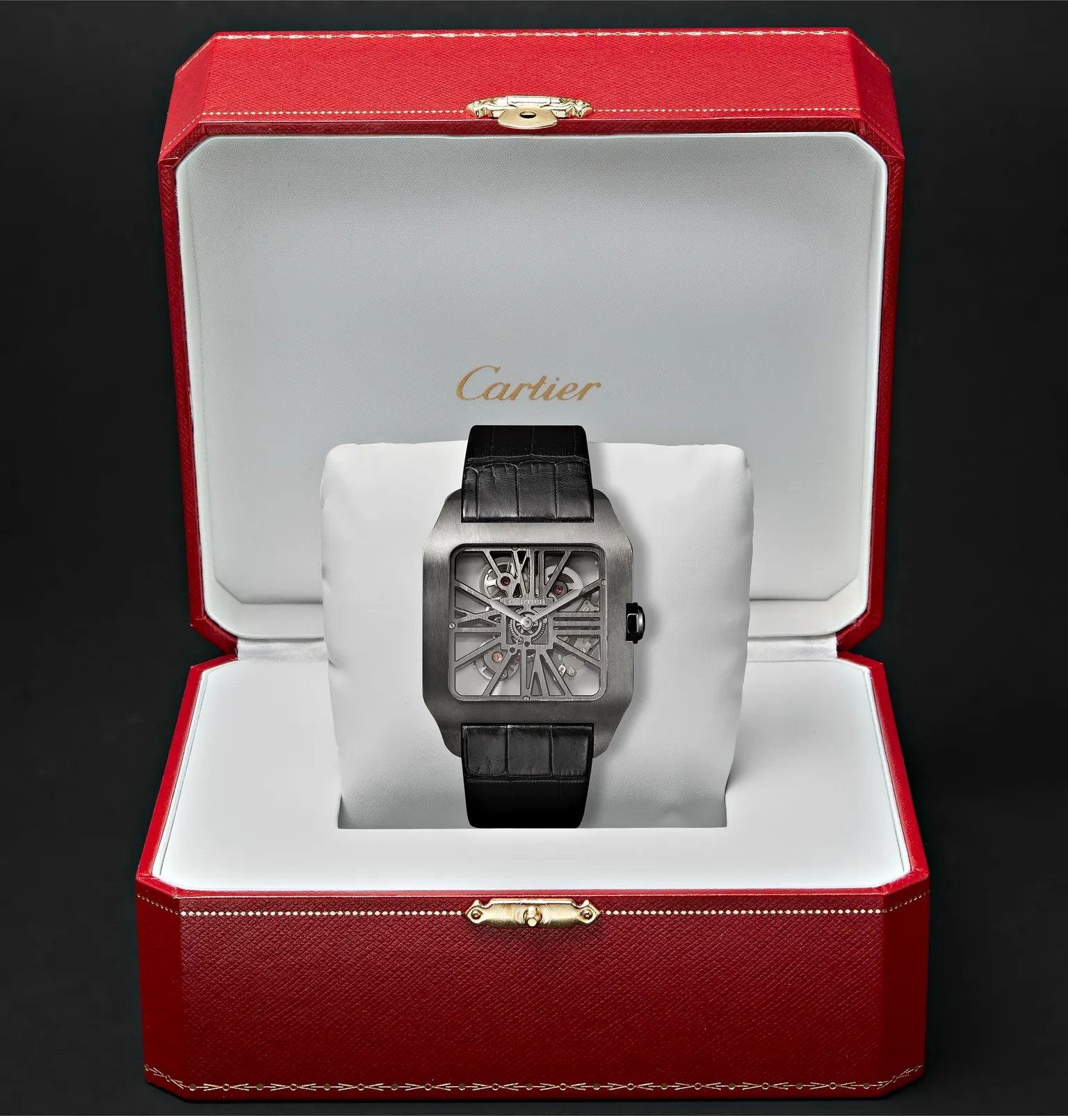 Santos-Dumont Skeleton Hand-Wound 43.3mm ADLC-Coated Titanium and Alligator Watch - 9