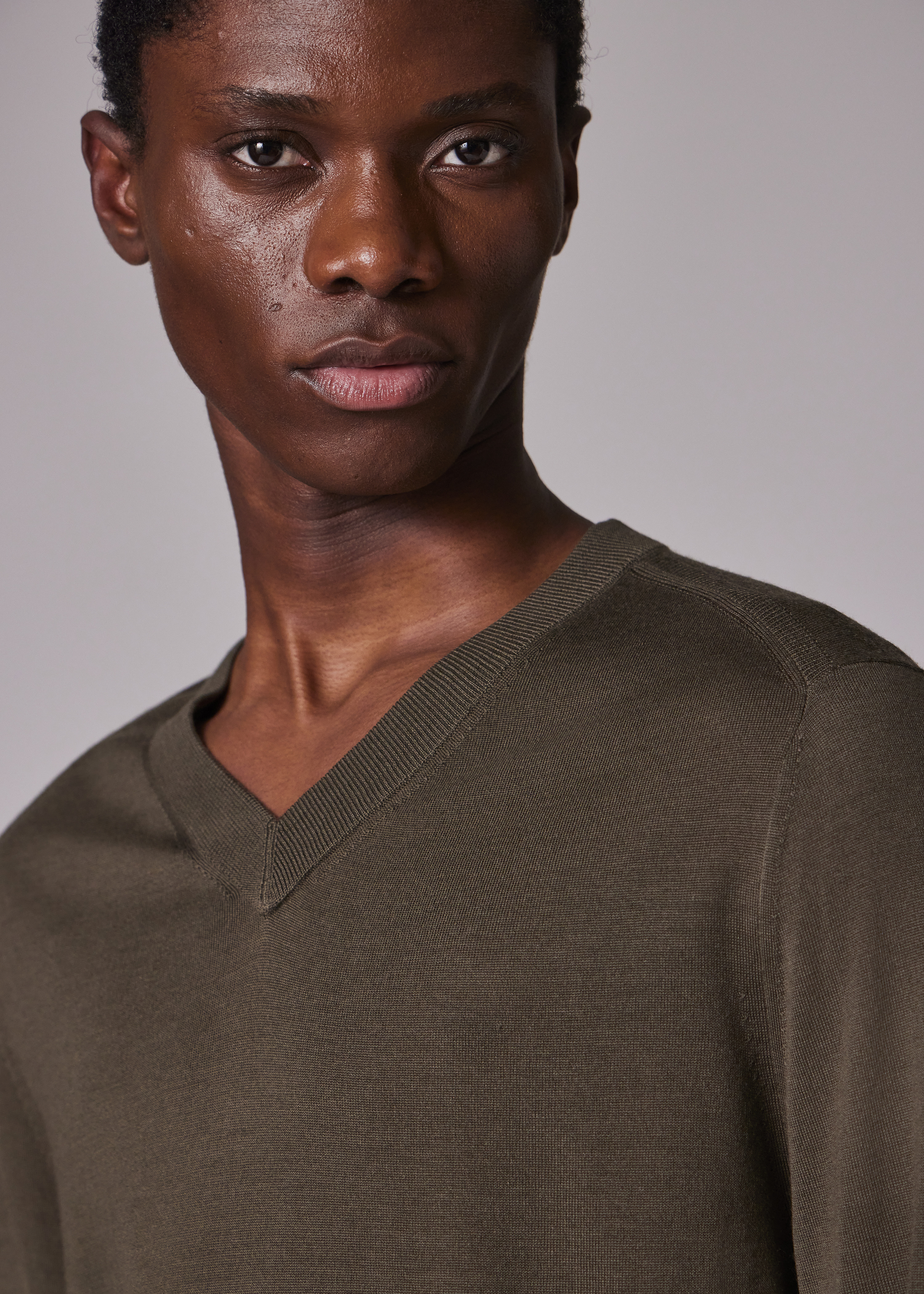 Khaki Merino V-Neck Sweater - 3