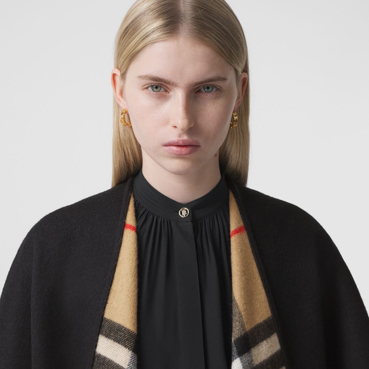 Reversible Check Wool Cashmere Cape - 3
