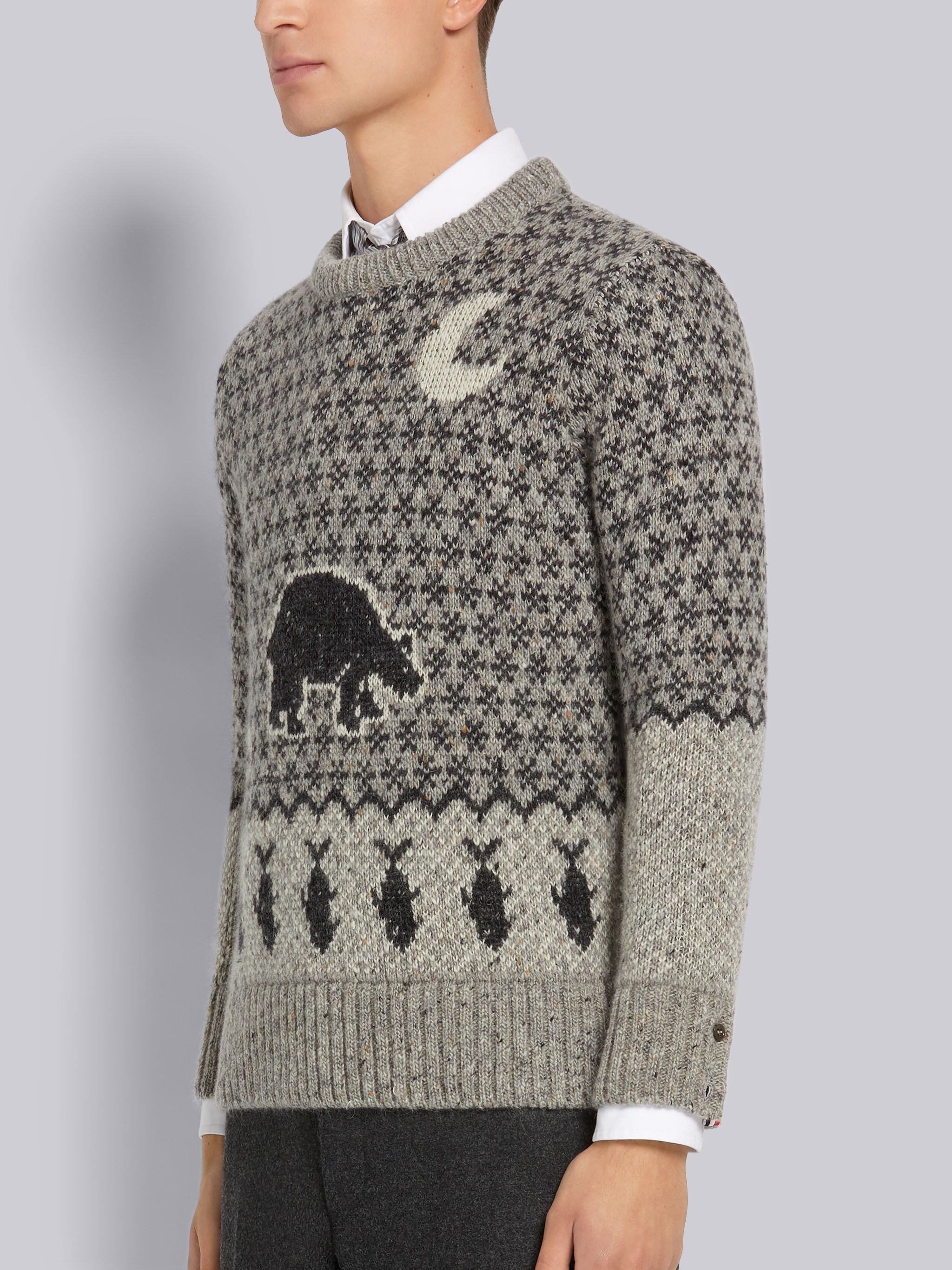 Tonal Grey Mohair Tweed Fair Isle Jacquard Relaxed Fit Crew Neck - 2