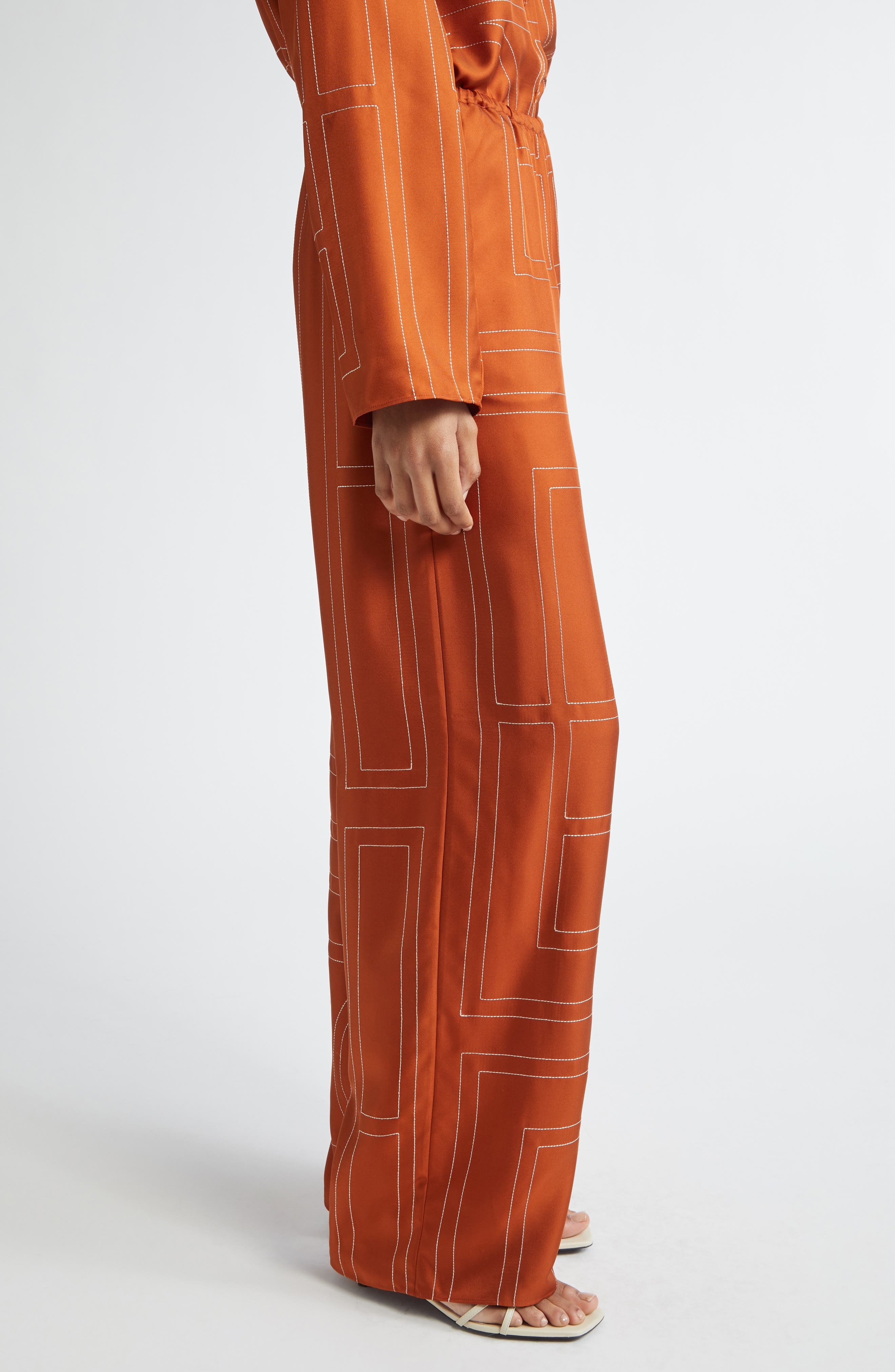 TOTEME Monogram Embroidered Silk Pants in Terracotta at Nordstrom - 4