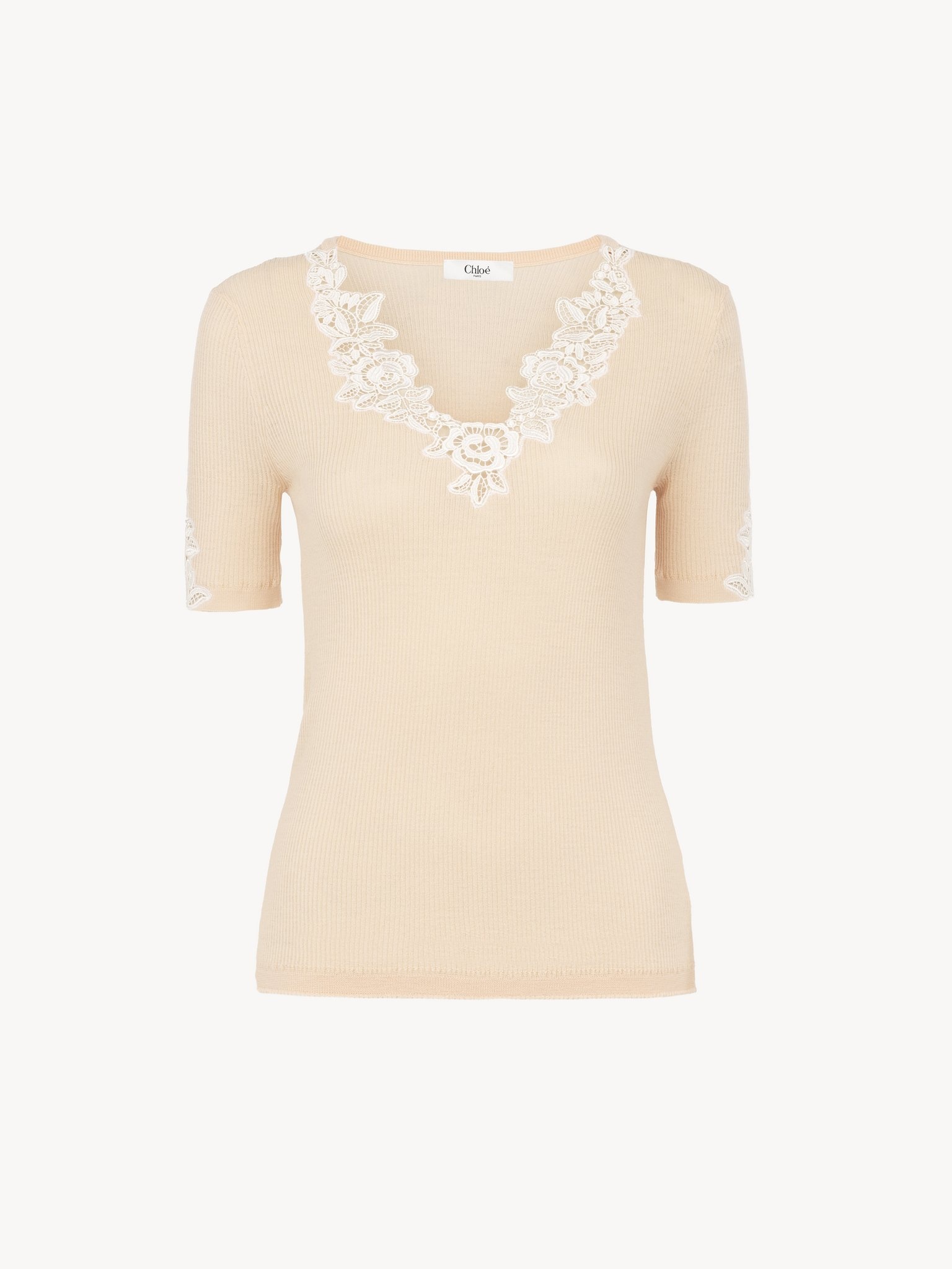 FITTED SHORT-SLEEVE TOP IN GUIPURE LACE WOOL KNIT - 2
