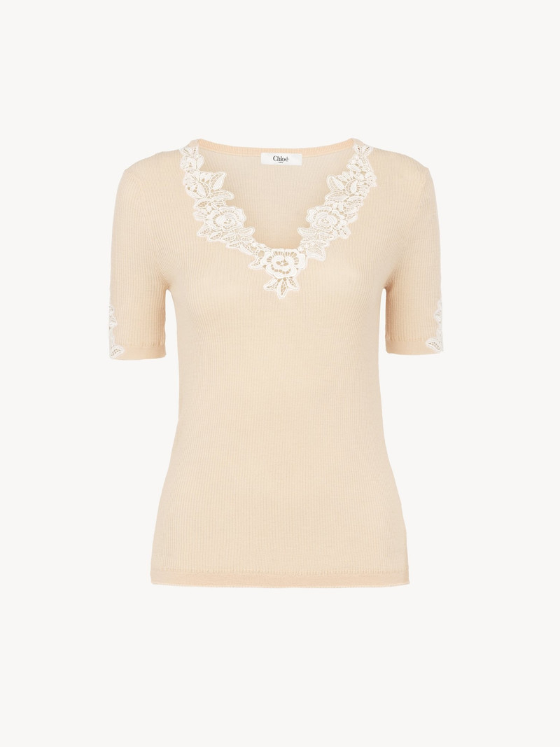 Chloé FITTED SHORT-SLEEVE TOP IN GUIPURE LACE WOOL KNIT outlook