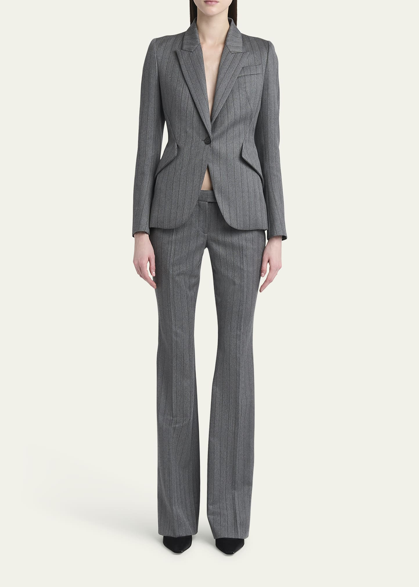 Low-Rise Herringbone Striped Flare Trousers - 2