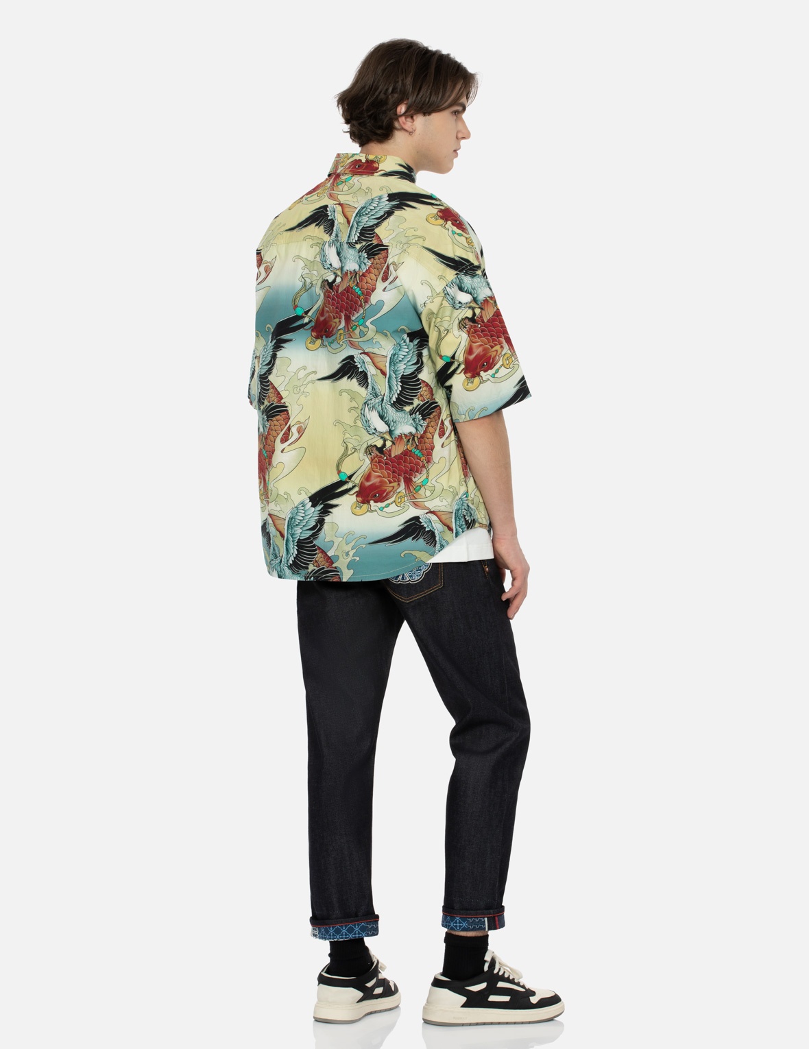 COLORFUL SEAGULL AND CARP PRINT LOOSE FIT SHORT SLEEVE SHIRT - 4