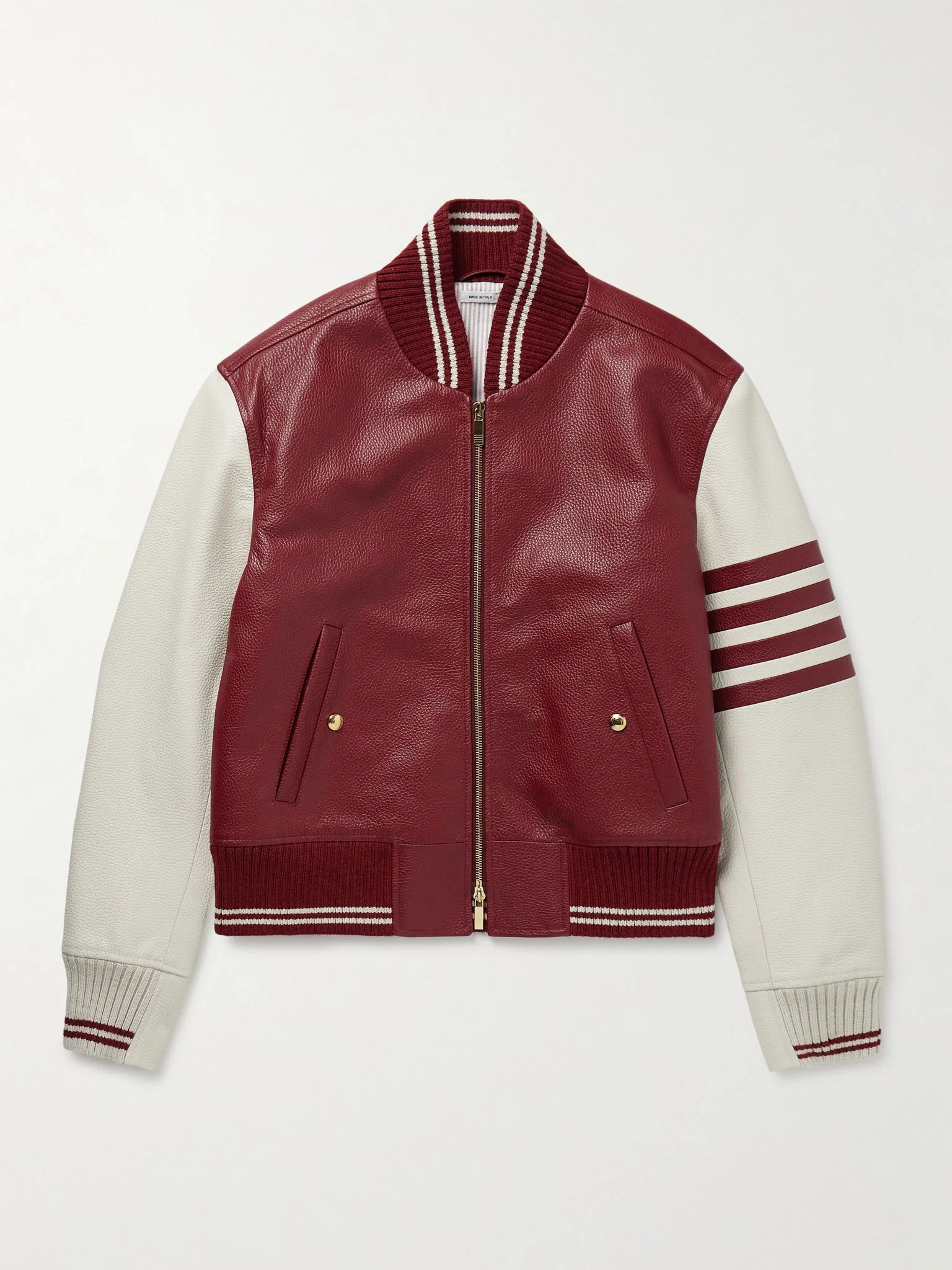 Striped Full-Grain Leather Bomber Jacket Burgundy - 1