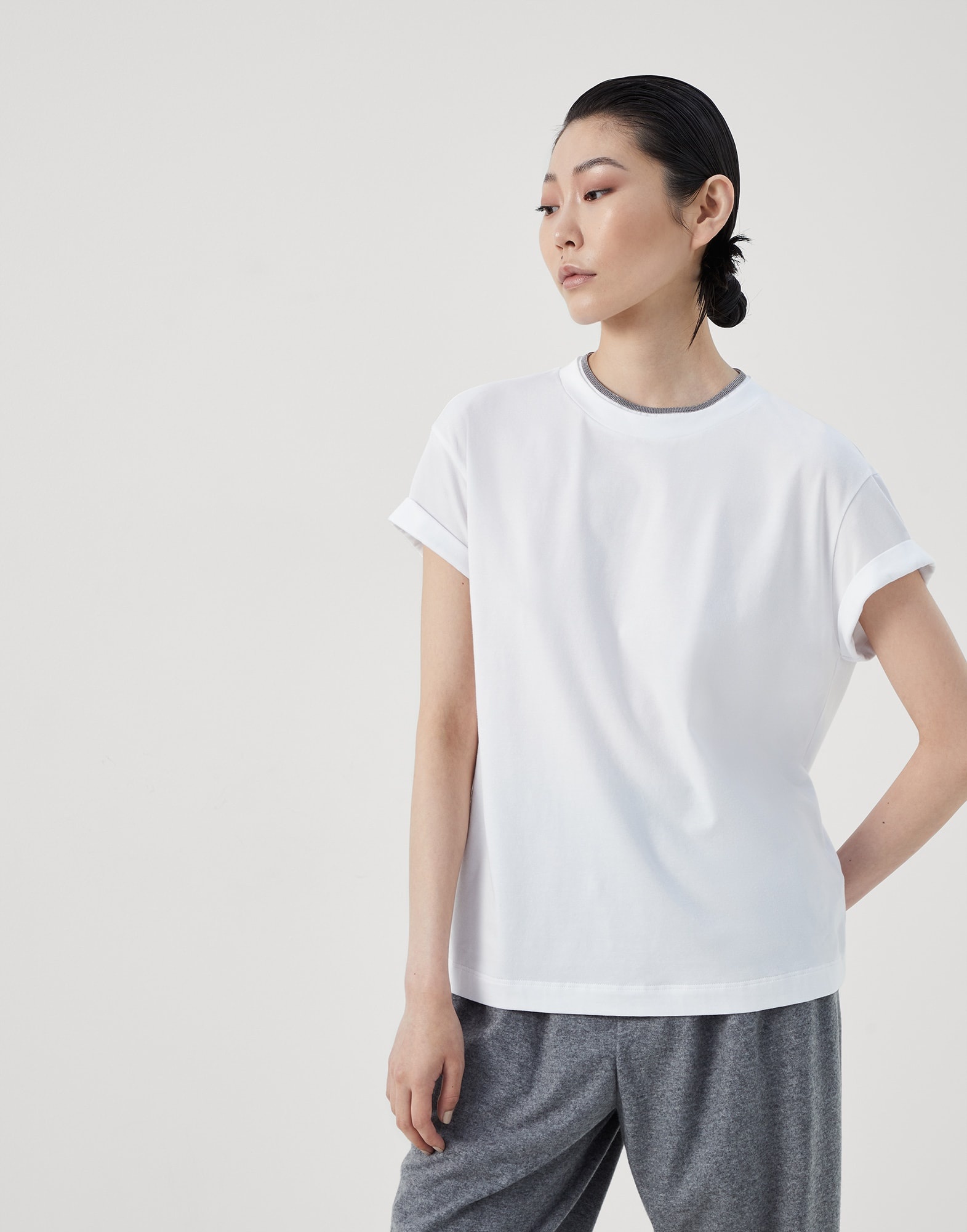 Stretch cotton jersey T-shirt with precious faux-layering - 1