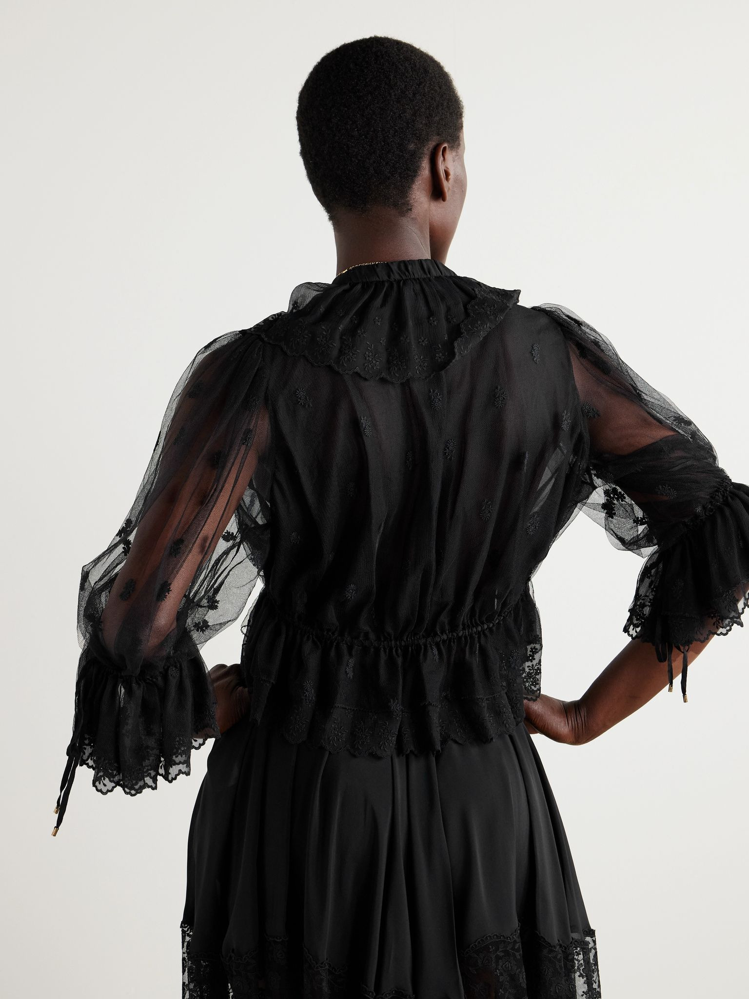 Cropped ruffled embroidered mesh blouse Black - 3