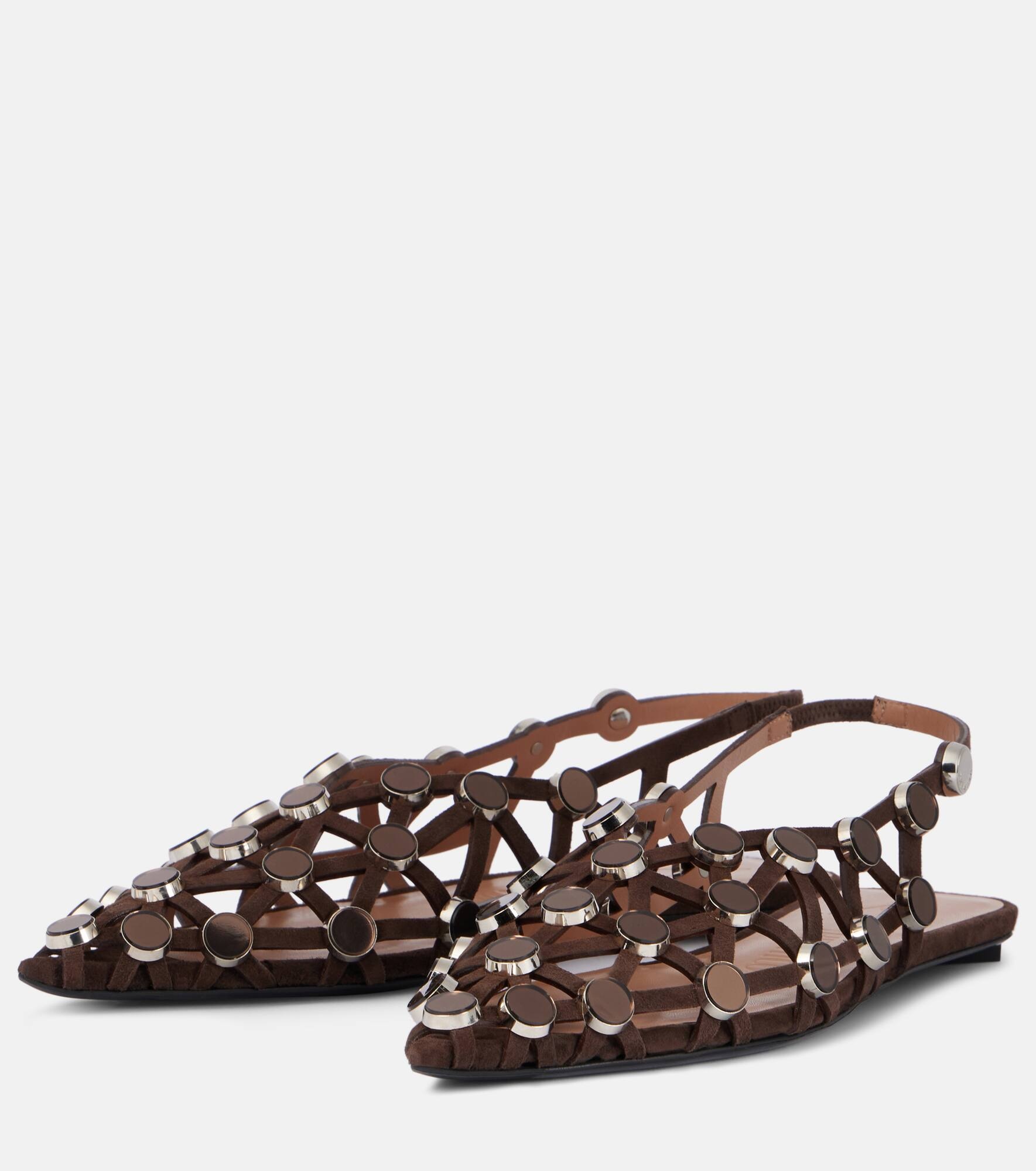 Grid embellished suede slingback flats - 4