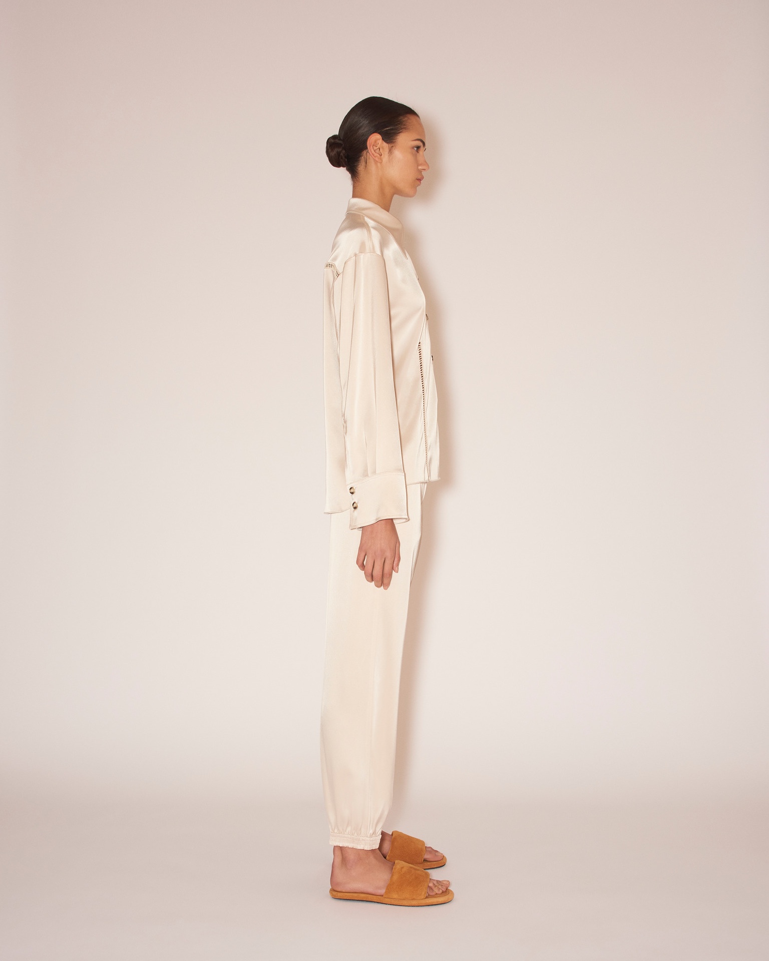CAIO - Slip-satin ladder-stitch shirt - Creme - 5