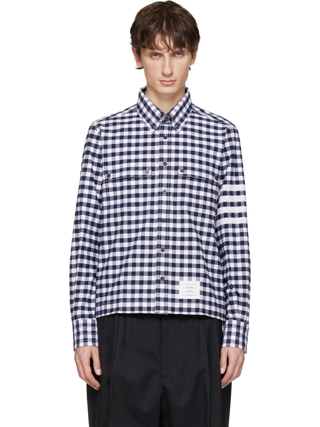 Navy Gingham Check Flannel 4-Bar Utility Shirt - 1