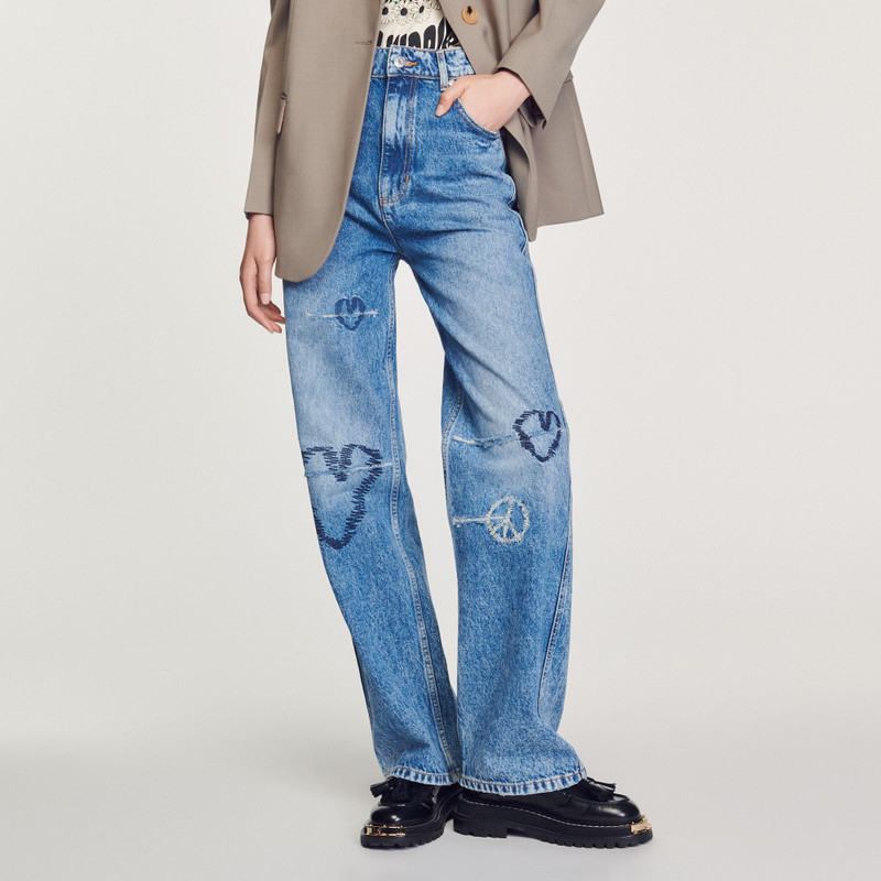 Sandro Straight-leg jeans with heart embroidery outlook