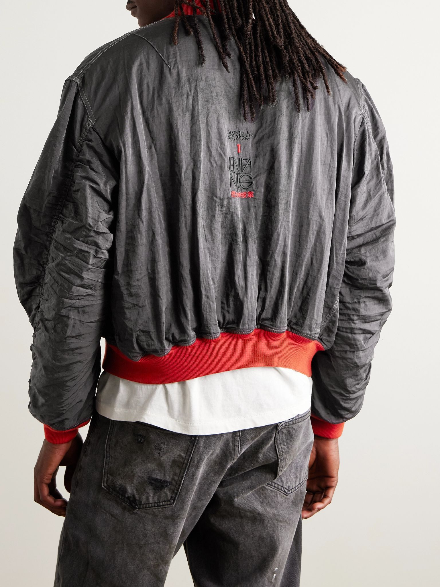 Logo-Embroidered Padded Crinkled-Shell Bomber Jacket Gray - 3