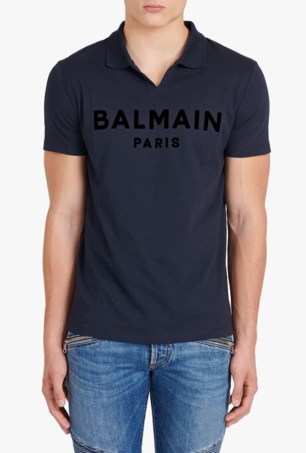 Navy blue eco-designed cotton polo with black Balmain logo print - 5