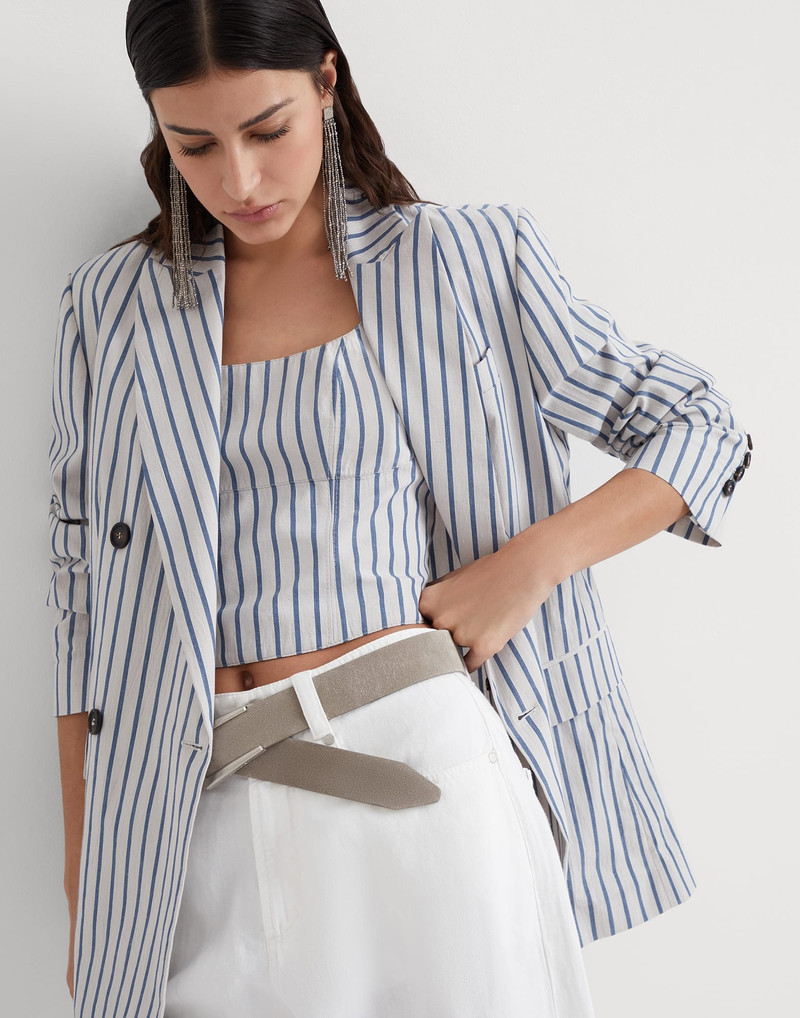 Striped cotton and linen wrinkled poplin blazer with monili 4