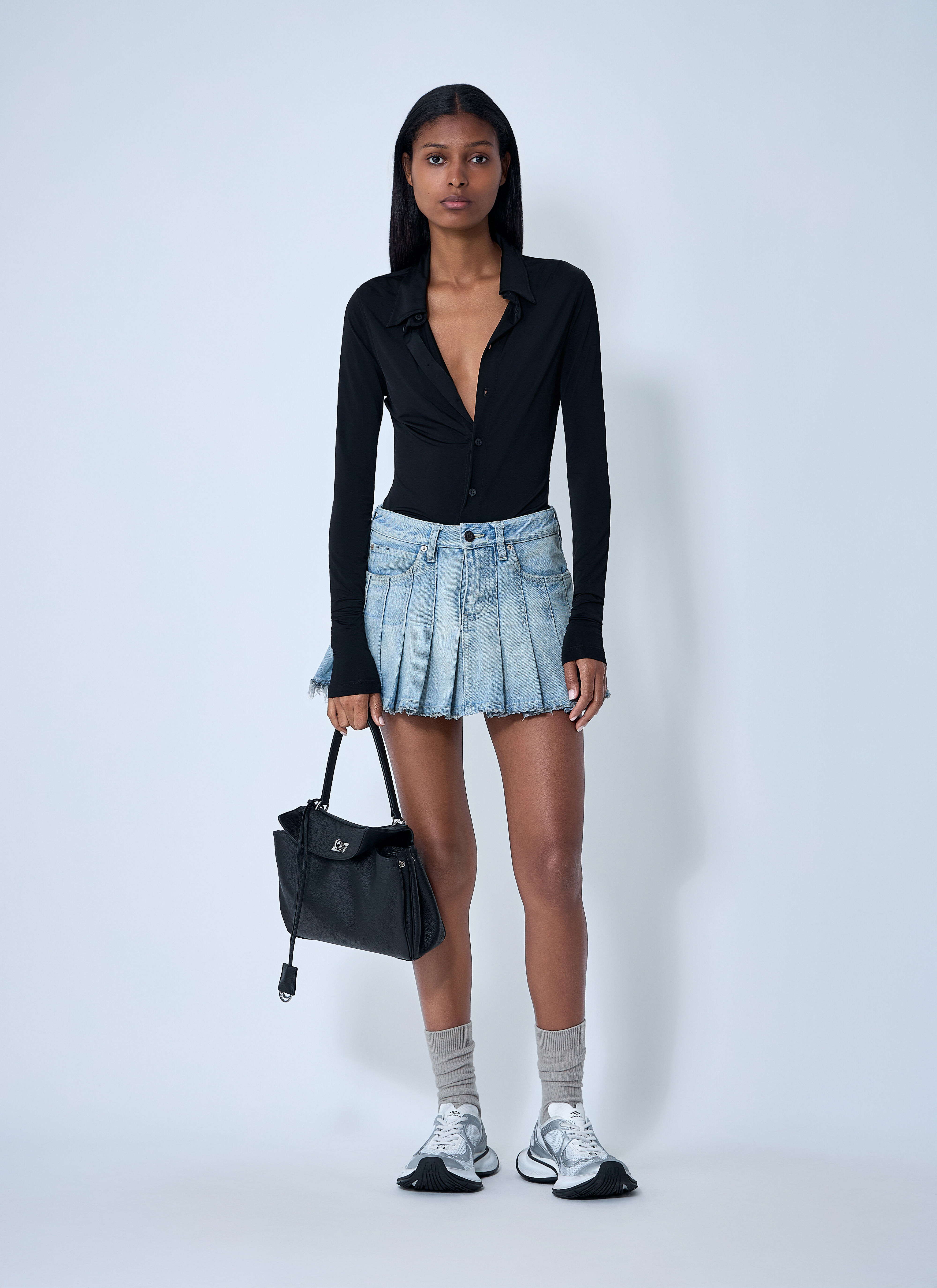 Pleated Denim Mini Skirt - 2
