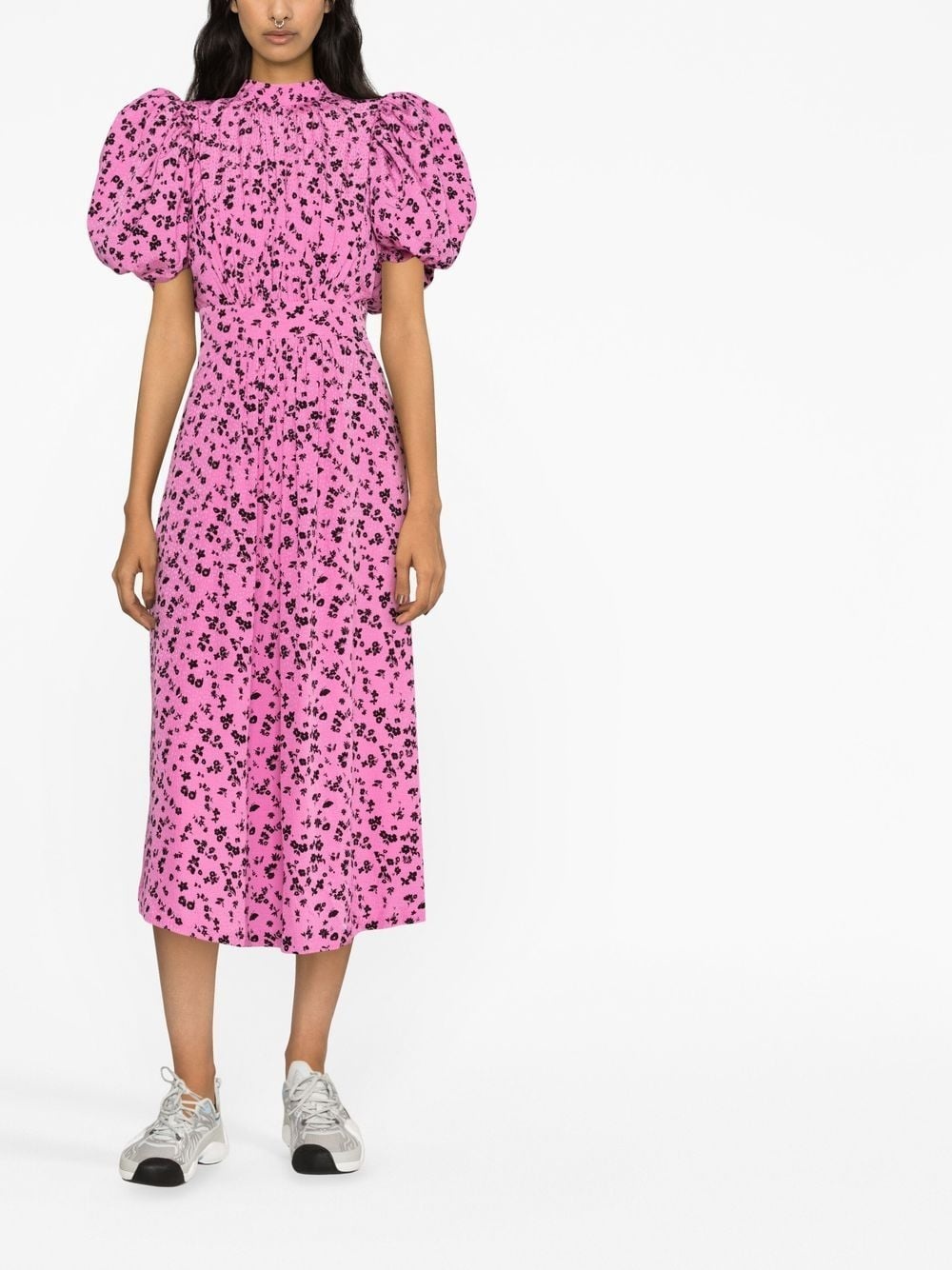 jacquard puff-sleeve midi dress - 2