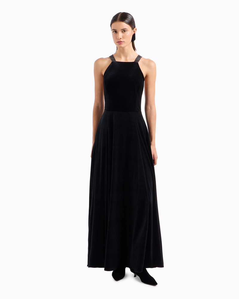 Chenille jersey long dress with rhinestone shoulder straps 2