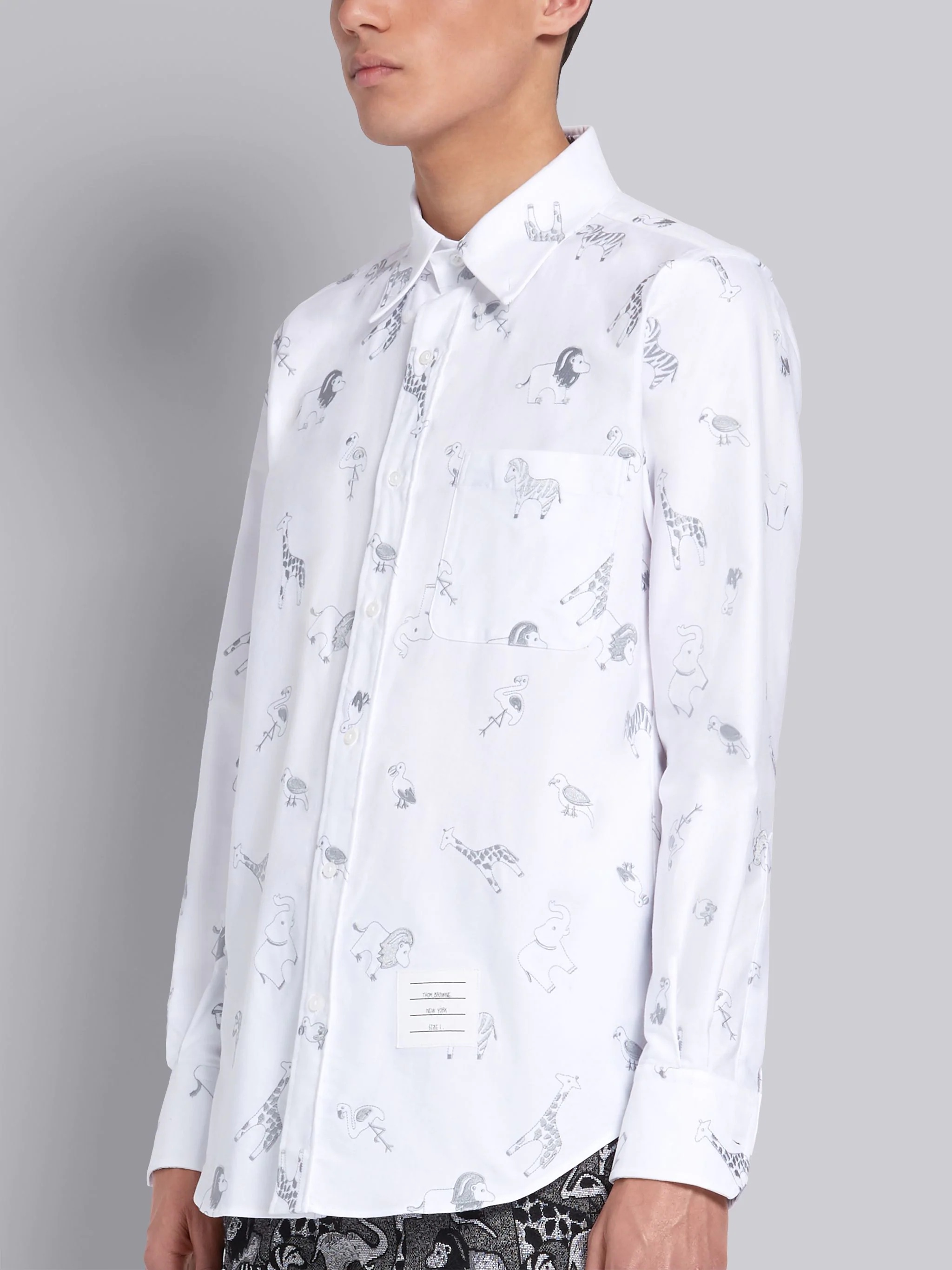 White Cotton Oxford Multi-icon Embroidered Straight Fit Long Sleeve Shirt - 2