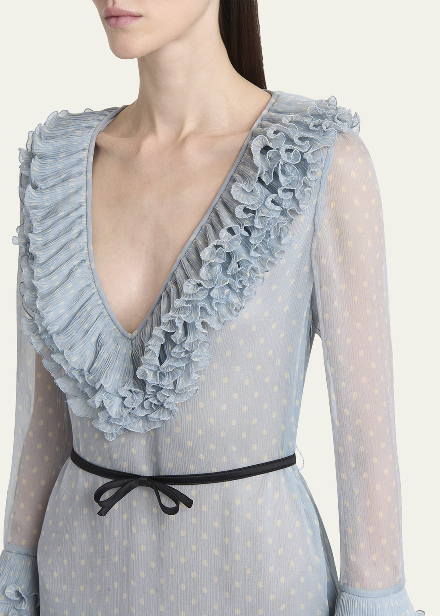 Polka Dot Layered Ruffle Sheer Gown with Ribbon - 5