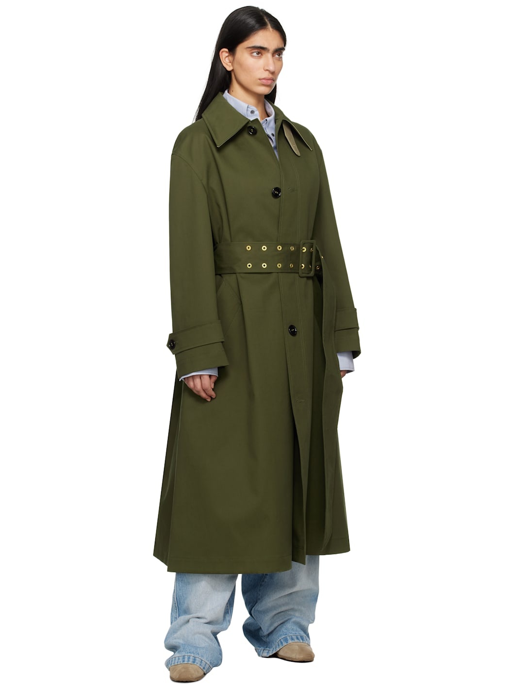 Green Cotton Belted Mac Coat - 4
