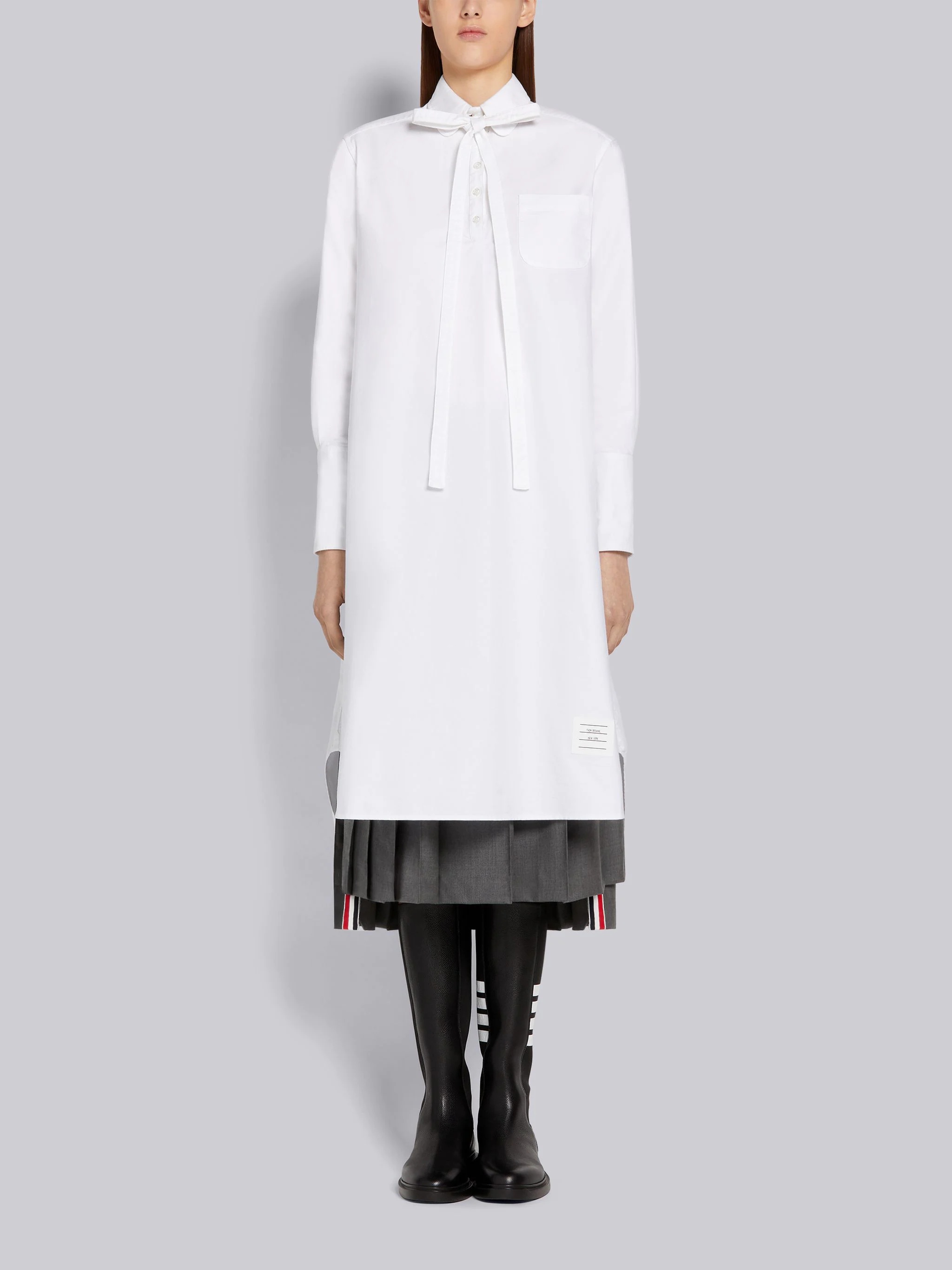 White Oxford Bow Tie Blouson Knee Length Shirtdress - 1