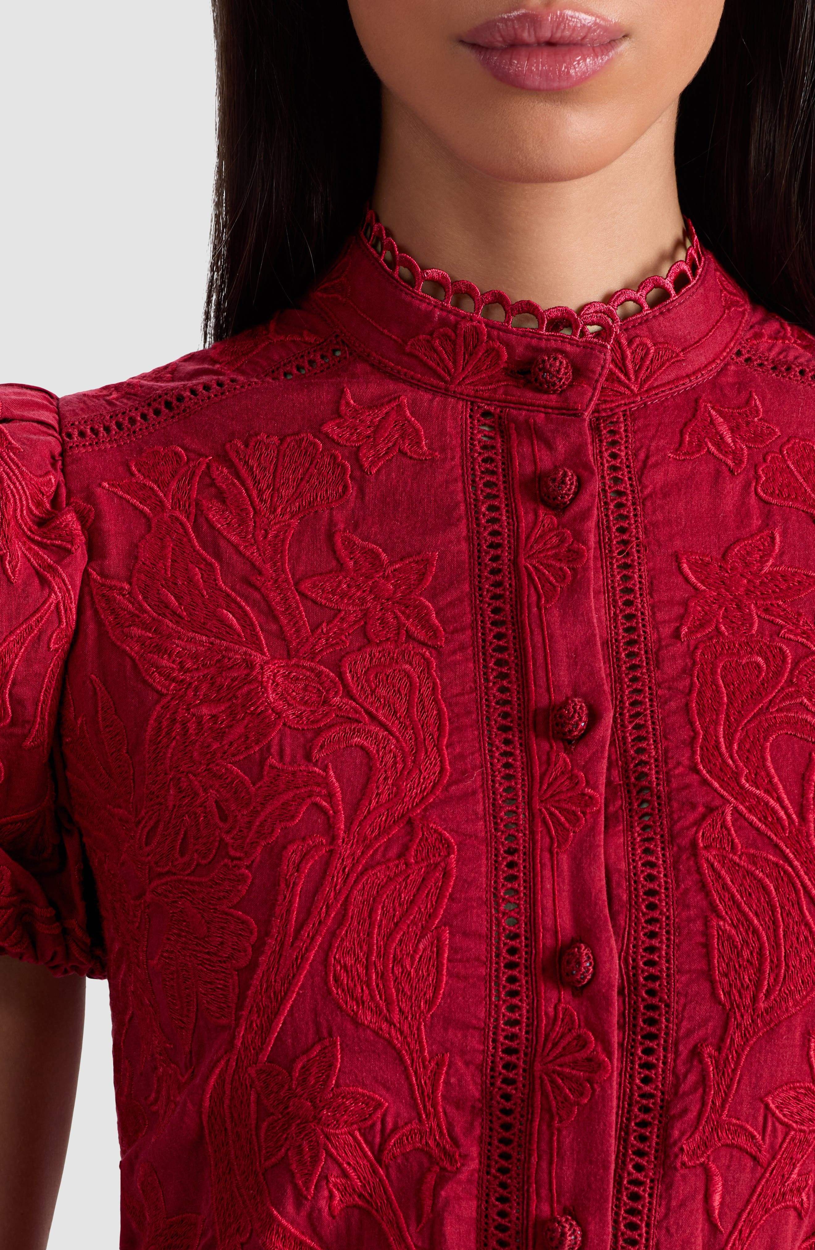 Alice + Olivia Loryn Embroidered Cotton Minidress in Dark Cherry at Nordstrom - 4