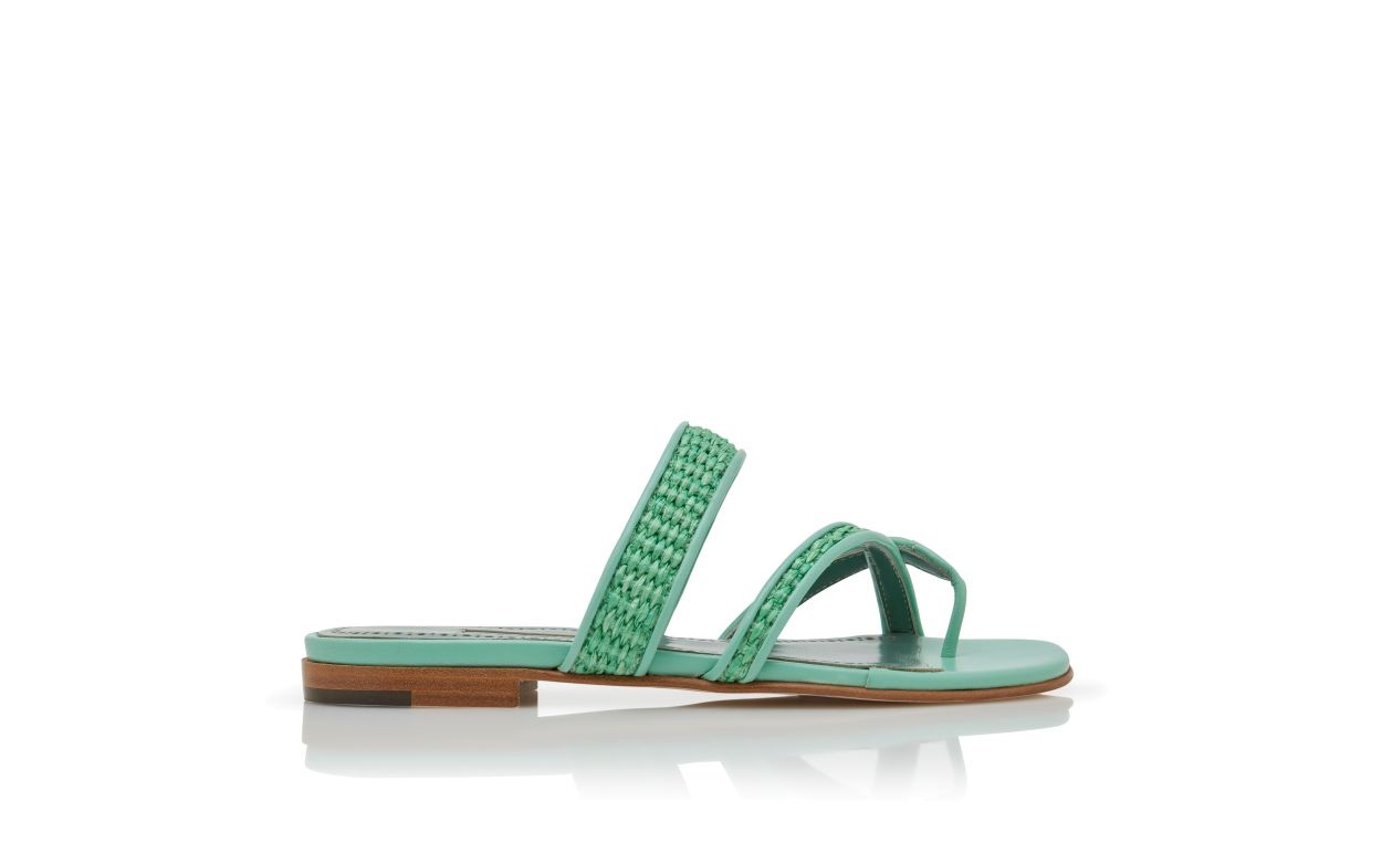 Green Raffia Flat Sandals - 1