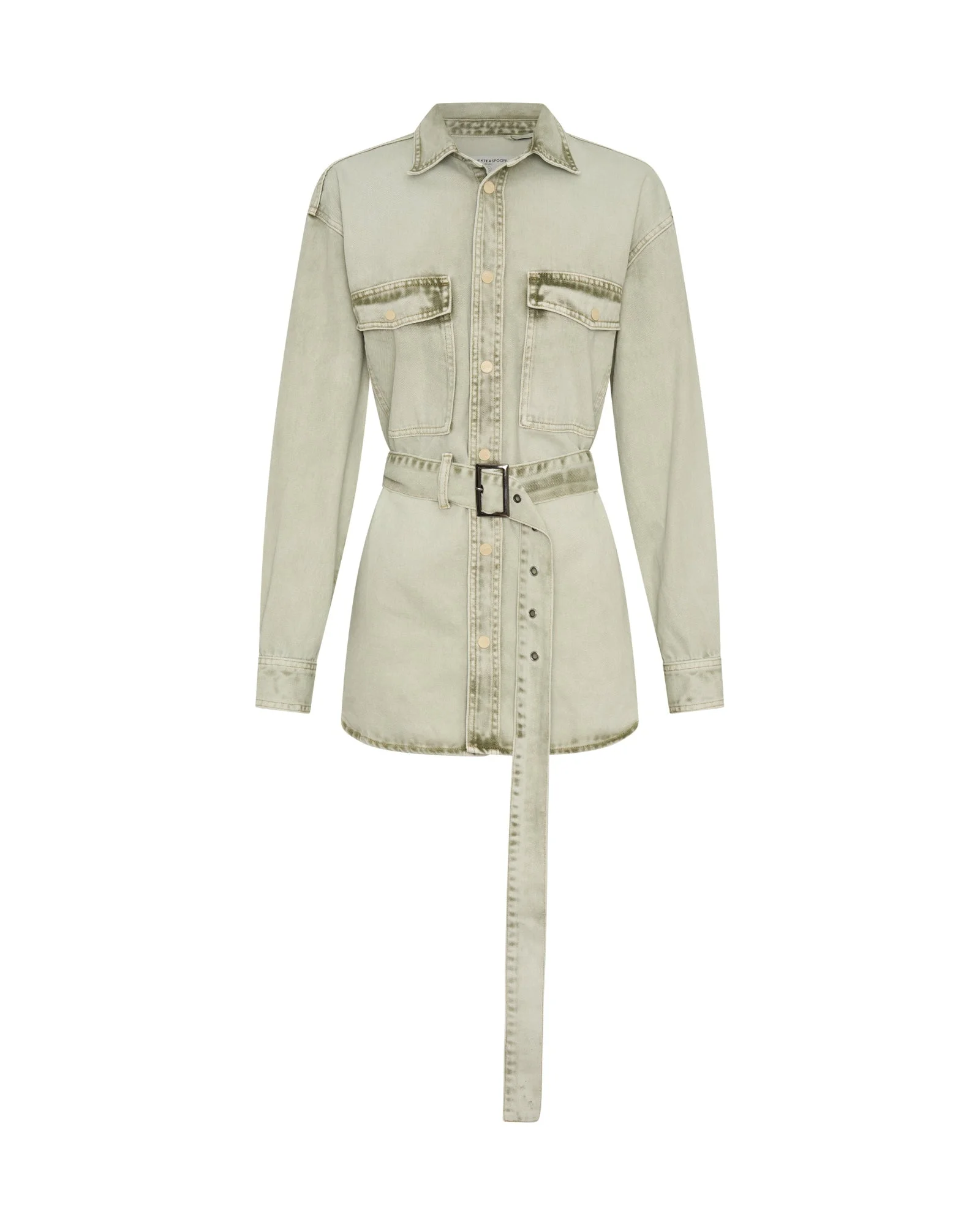 Belted Longline Denim Shirt - Antique Khaki - 1