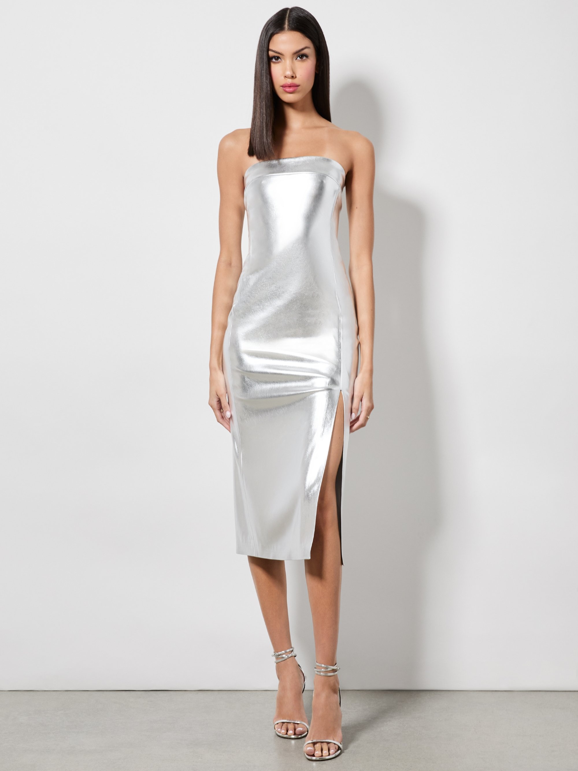 KELLY SHINY VEGAN LEATHER HIGH SLIT MIDI DRESS - 5