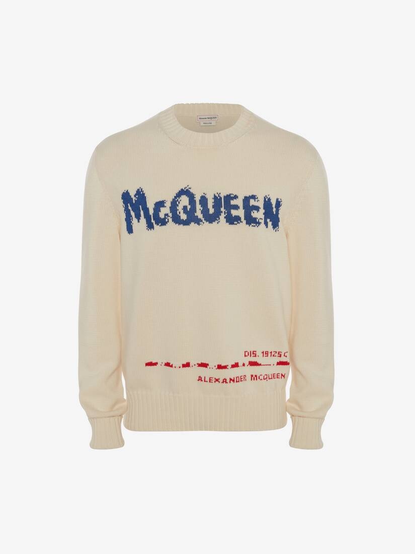 Mcqueen Graffiti Crew Neck Jumper in Ivory/blue - 1