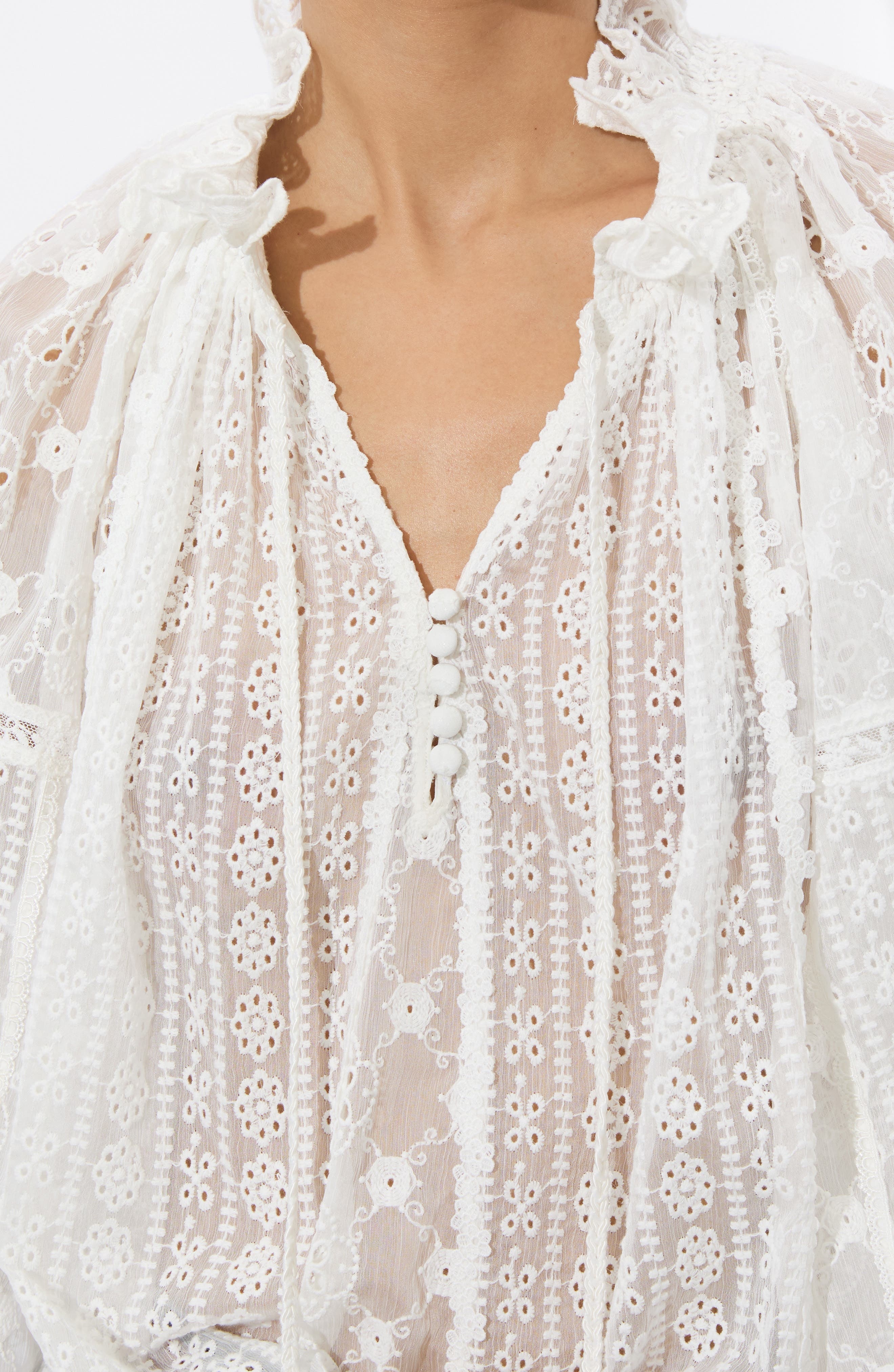 Alice + Olivia Norah Eyelet Embroidered Peasant Top in Off White at Nordstrom - 3