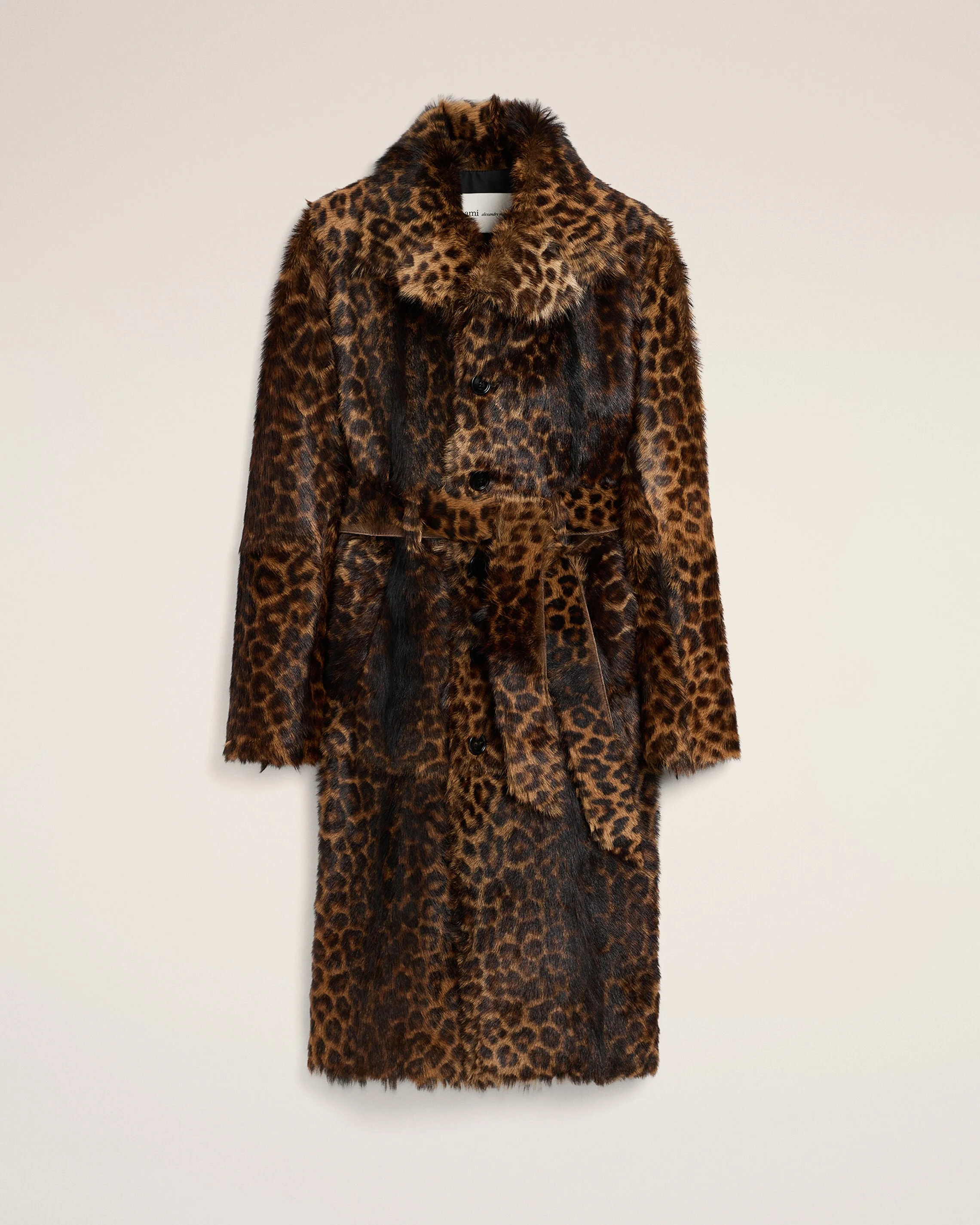 LONG LEOPARD GOAT LEATHER BELTED COAT - 1