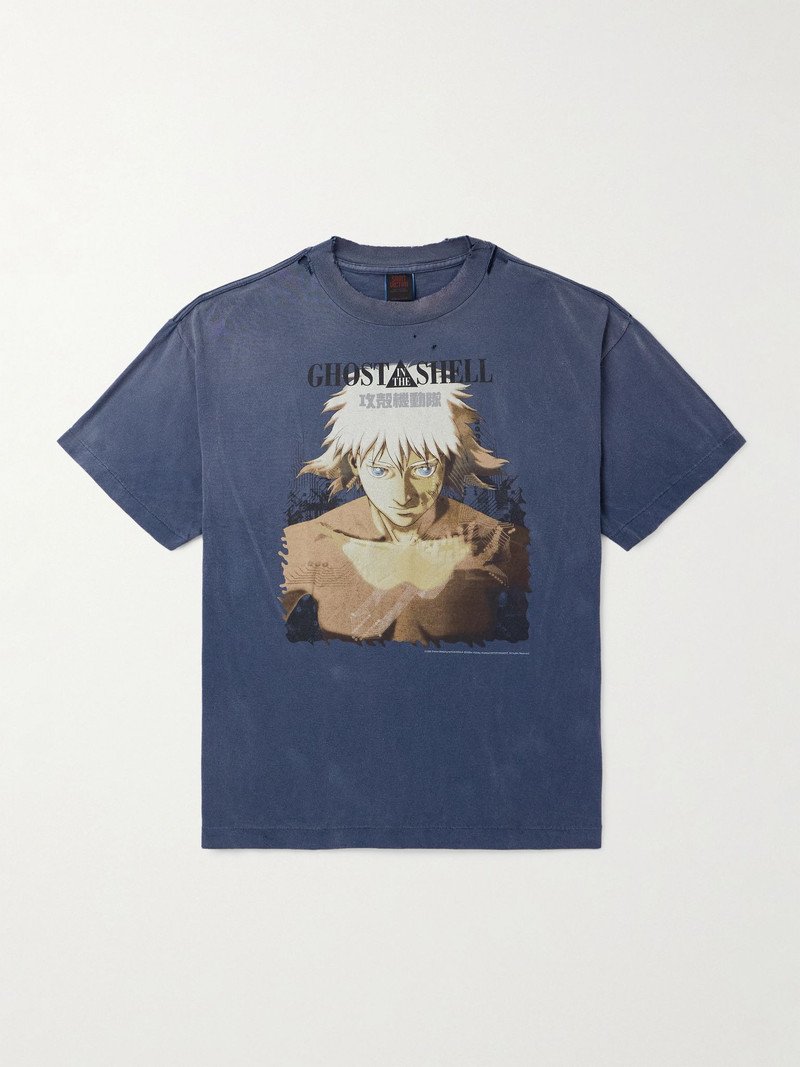 + Ghost in the Shell Distressed Printed Cotton-Jersey T-Shirt Navy 1