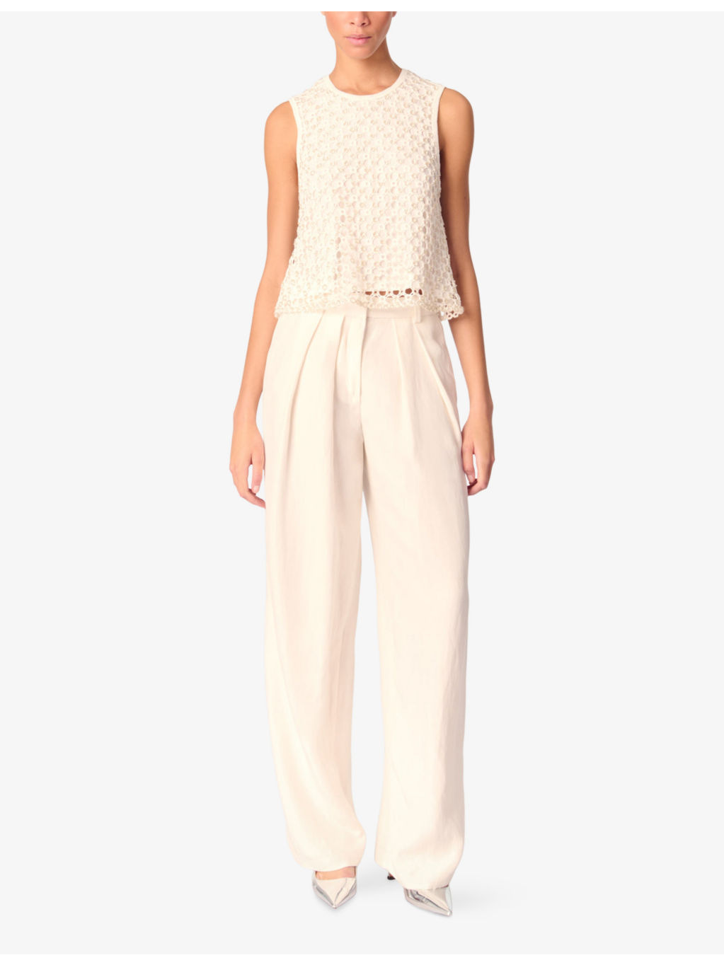 Bead-Embellished Crochet-Overlay Woven Top - 2