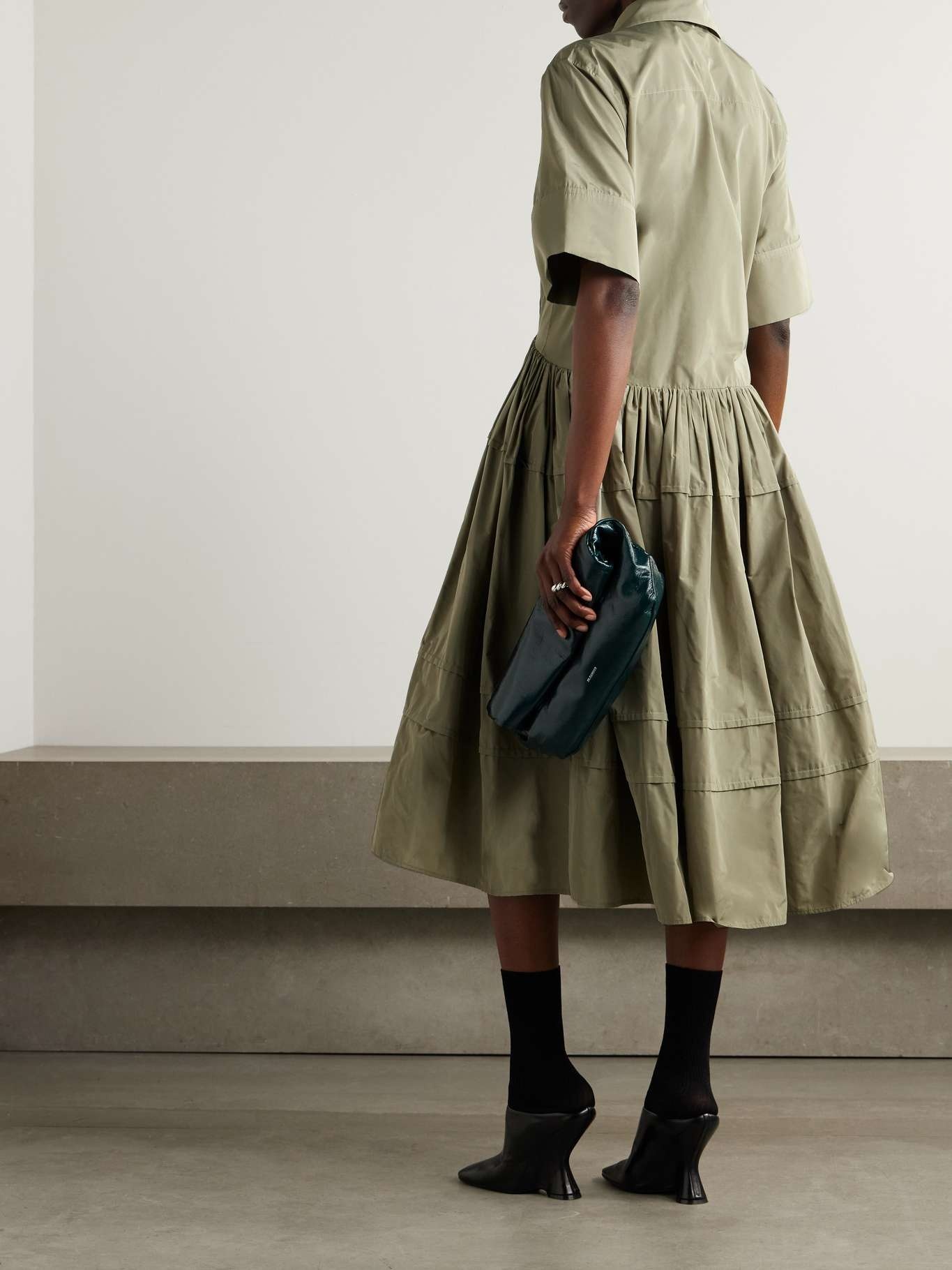 Pleated sateen midi shirt dress Army green - 3