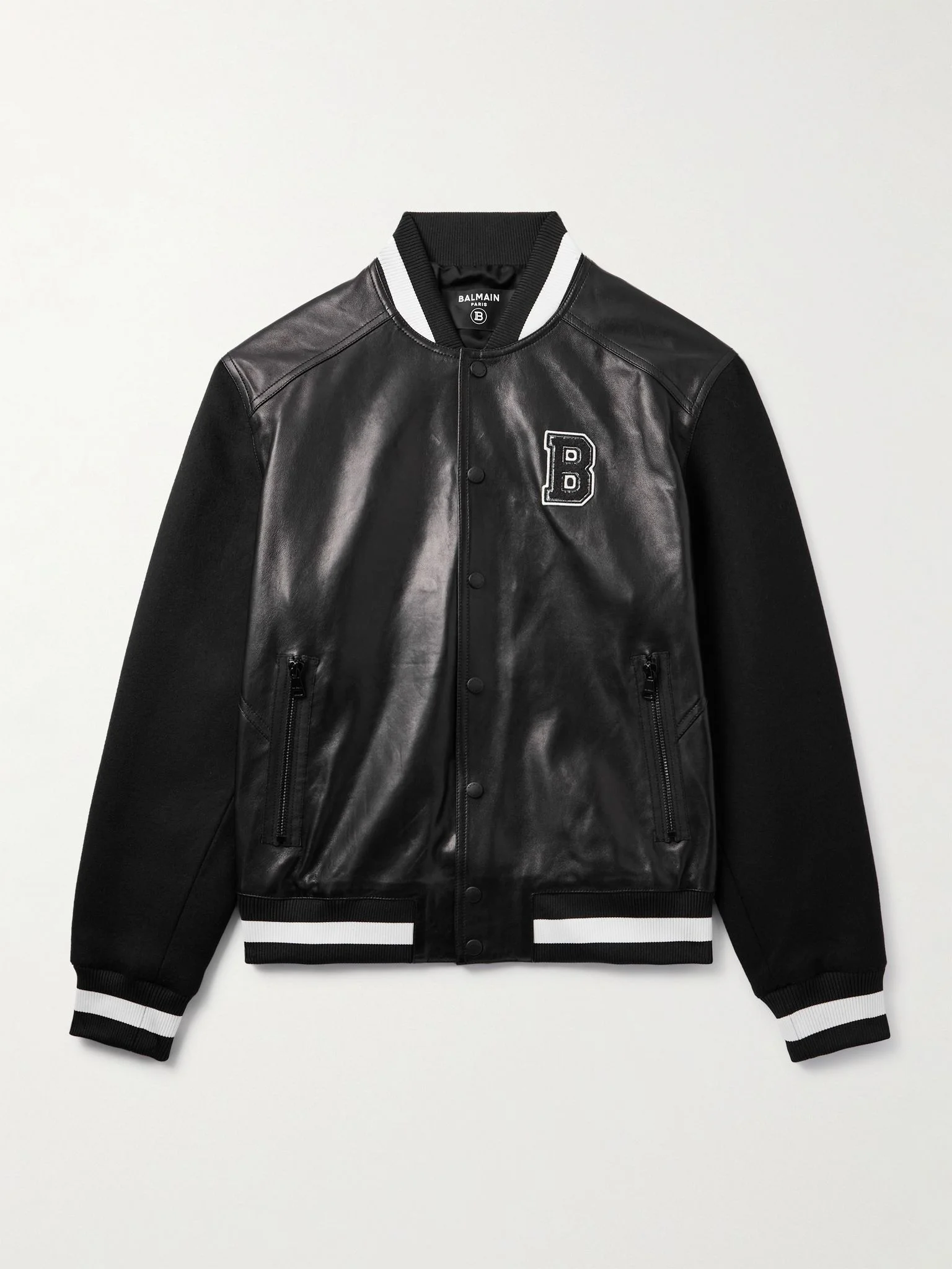 Logo-Appliquéd Leather and Wool Varsity Jacket Black - 1