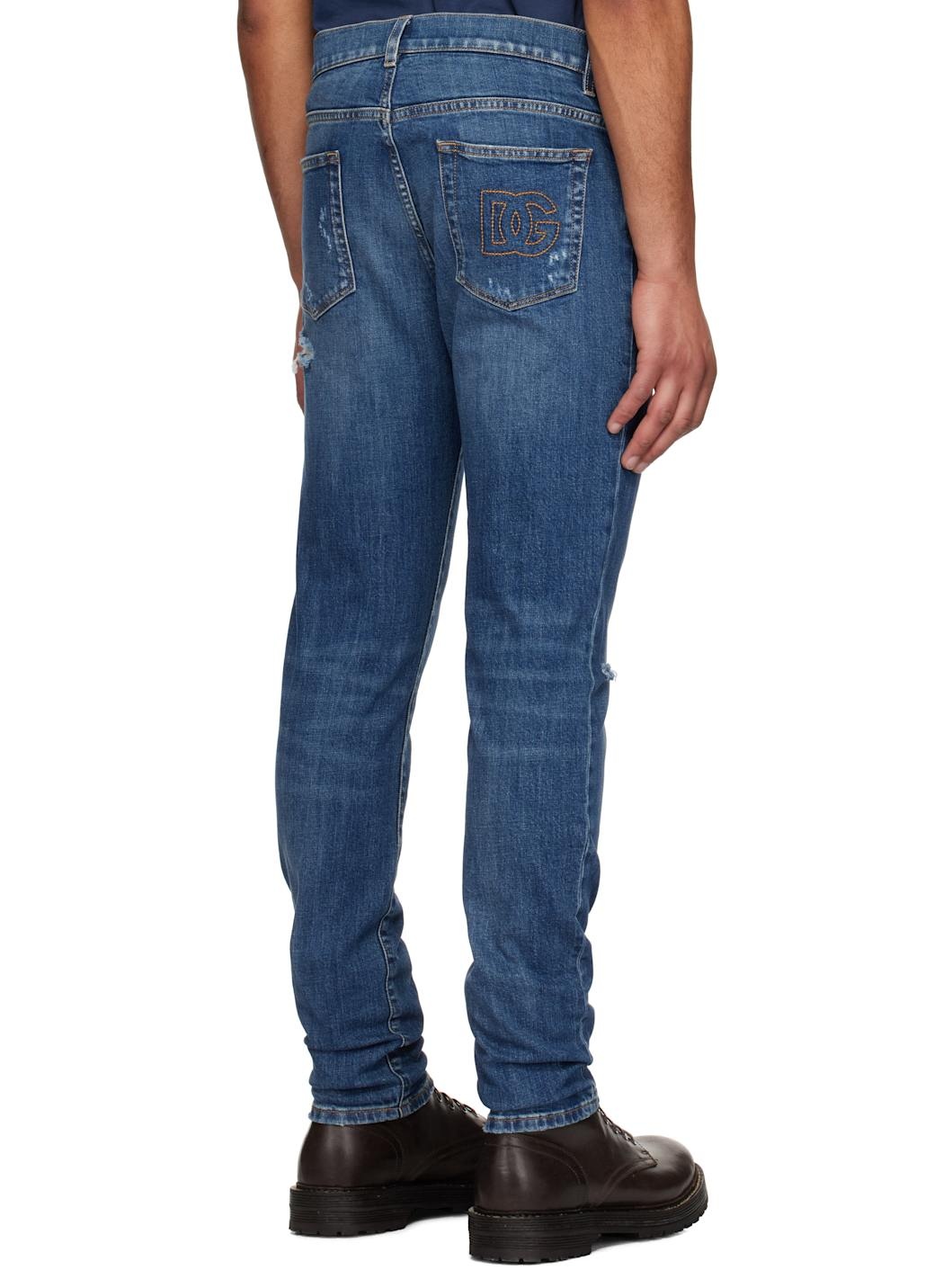 Navy Slim-Fit Stretch Cotton Logo Embroidery Jeans - 3