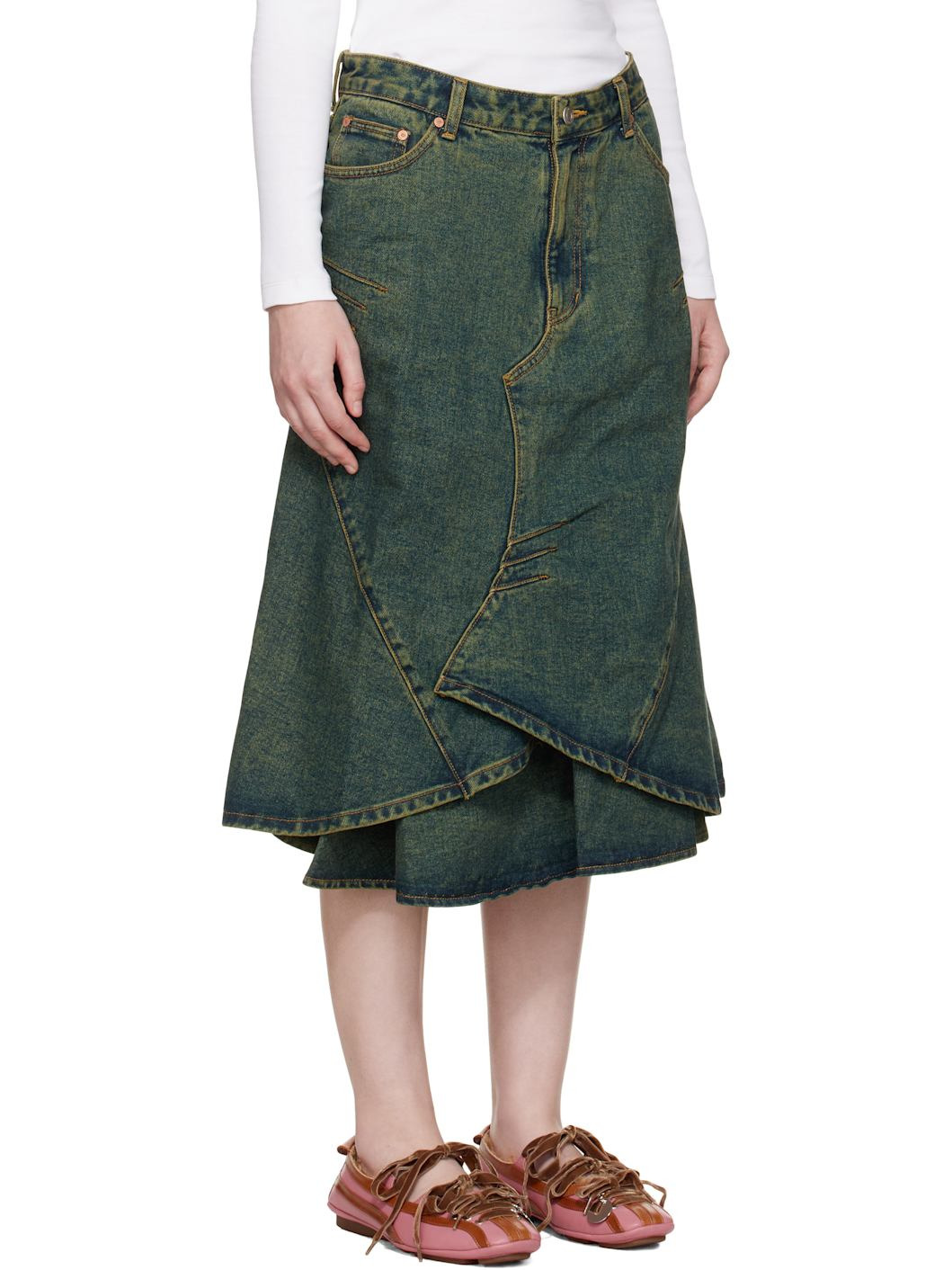 Blue Custom Flare Layered Denim Midi Skirt - 2