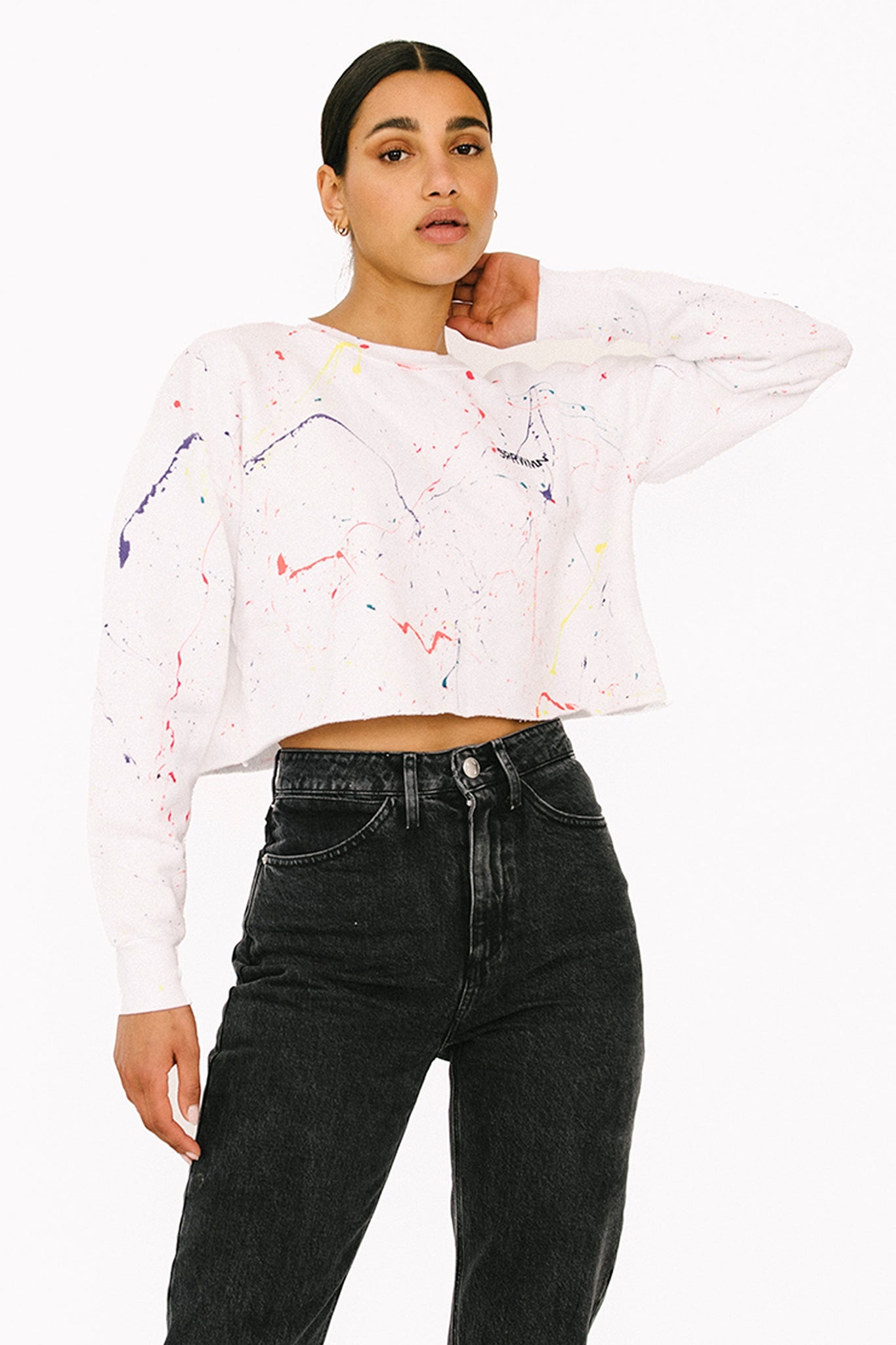 WHITE PAINT SPLATTER CROP SWEATSHIRT - 1