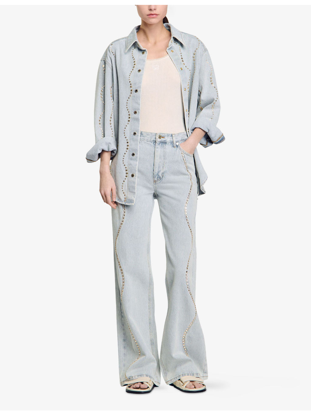 Rhinestone-Embellished Wide-Leg Denim Jeans - 2