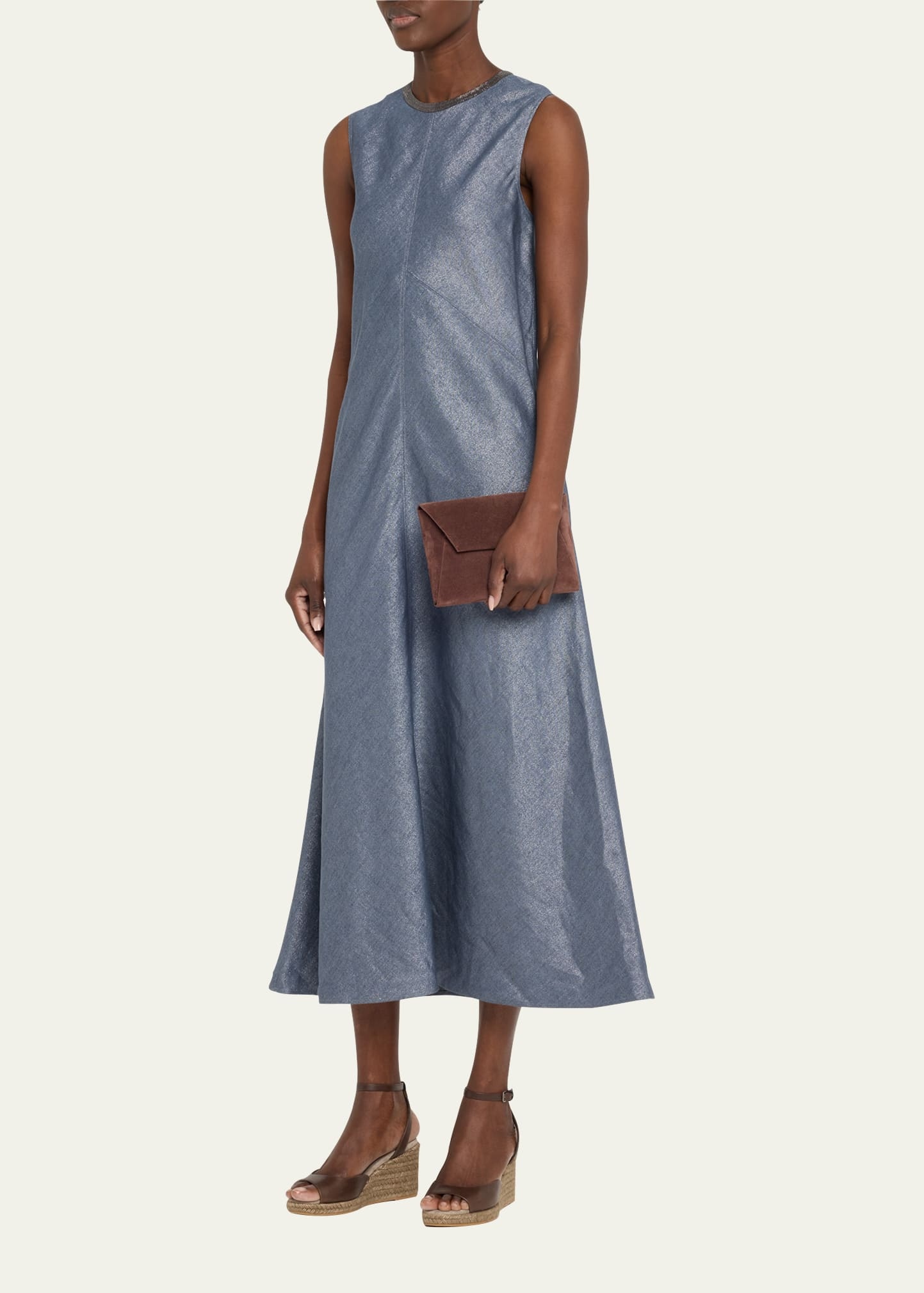 Shiny Long Linen Wool Twill A-Line Dress with Monili Neckline - 4