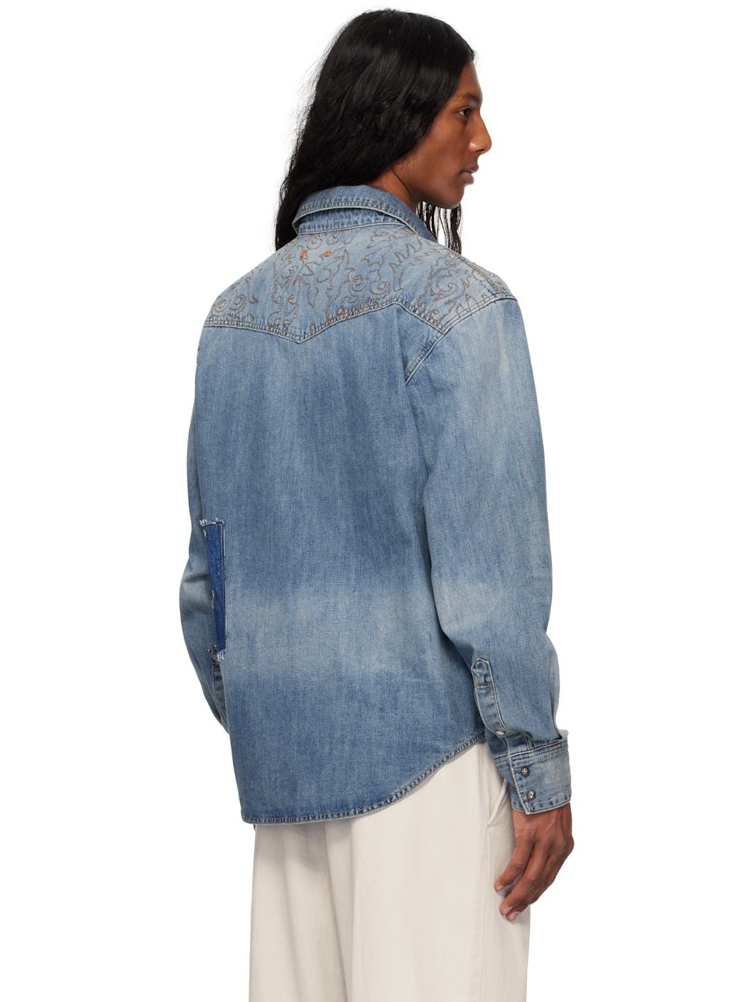 Blue Embroidery Patchwork Denim Shirt - 3