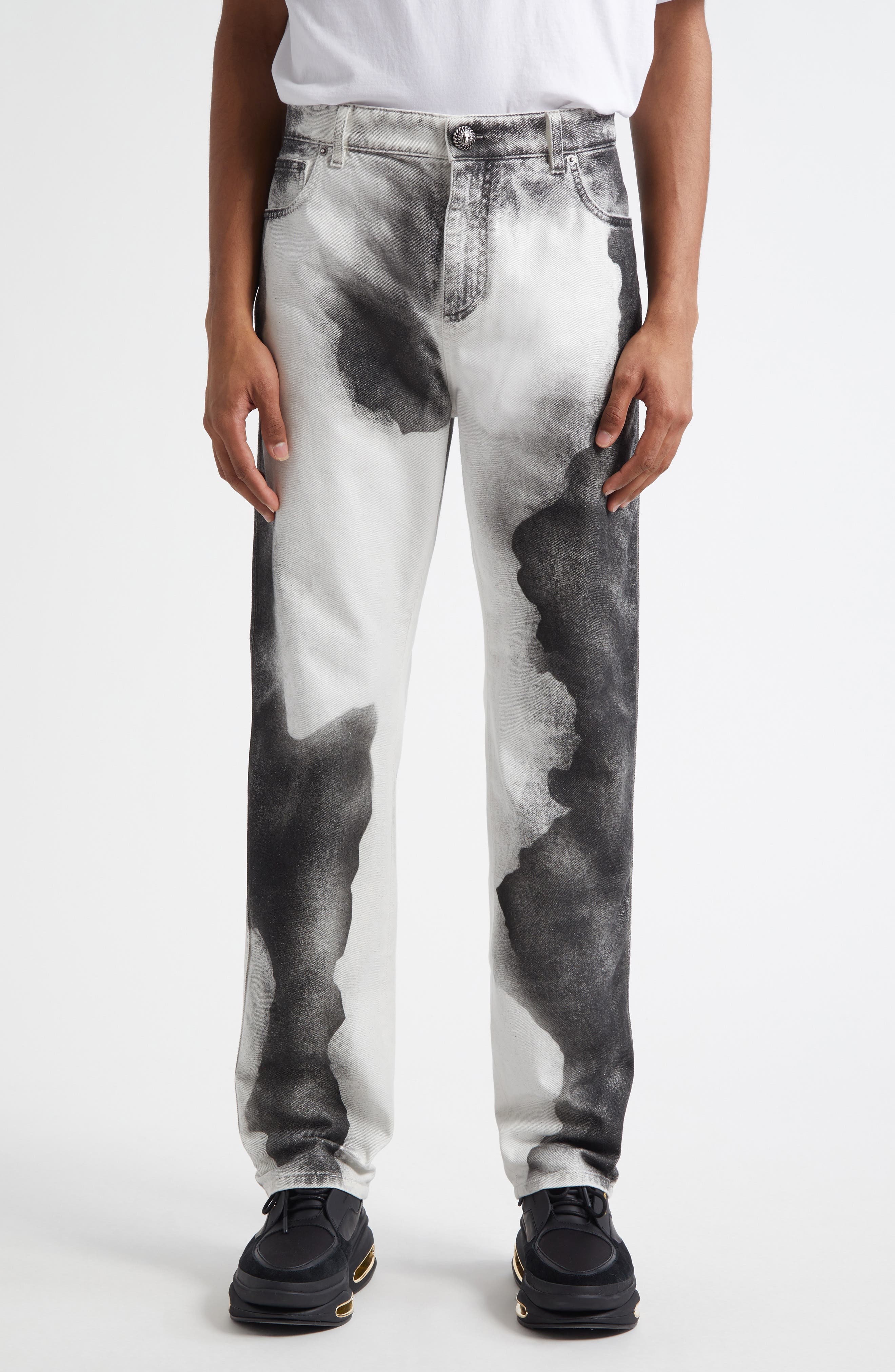 Balmain Moon Print Straight Leg Jeans in White/Black at Nordstrom - 1