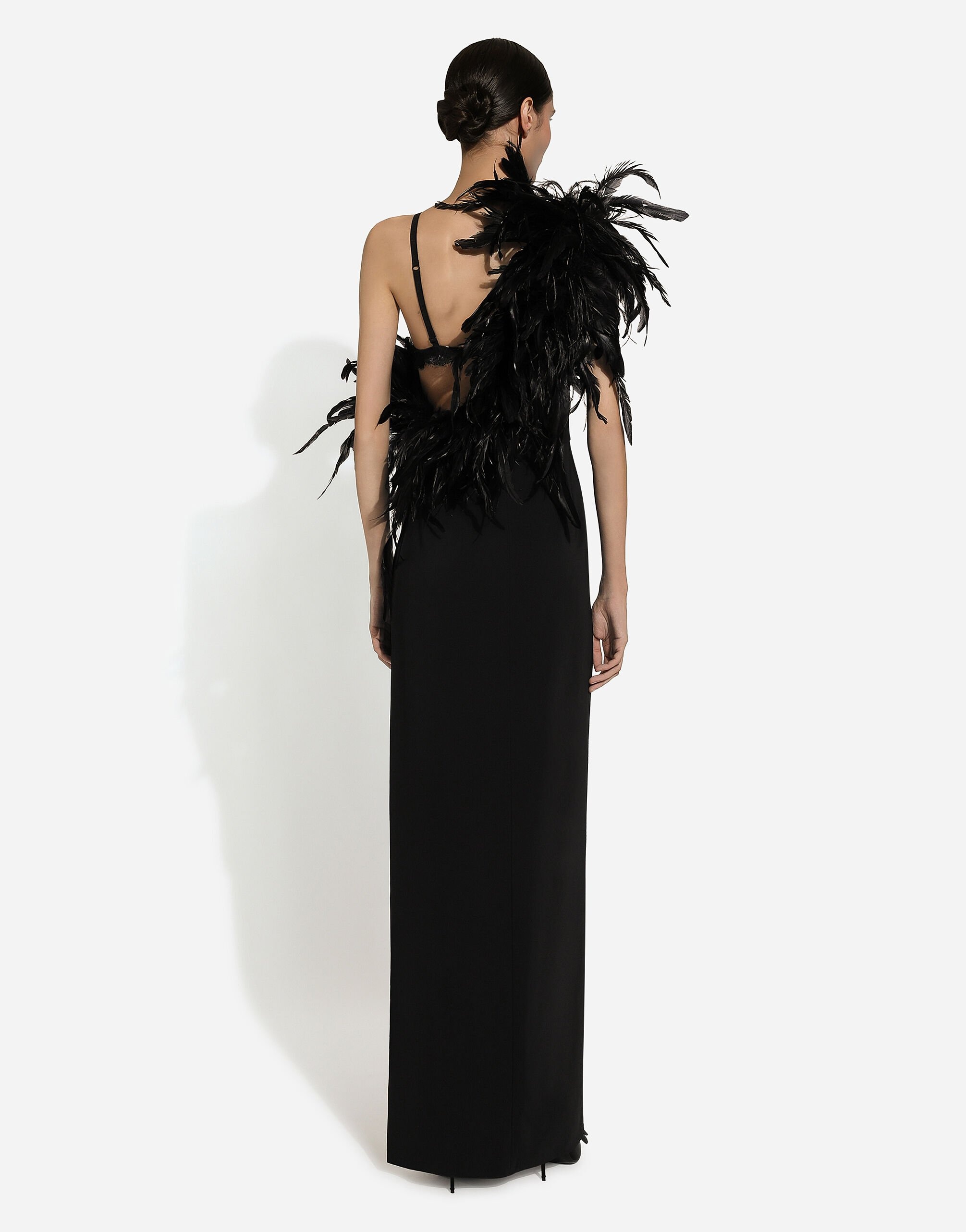 Long one-shoulder stretch cady dress with feathered neckline - 3