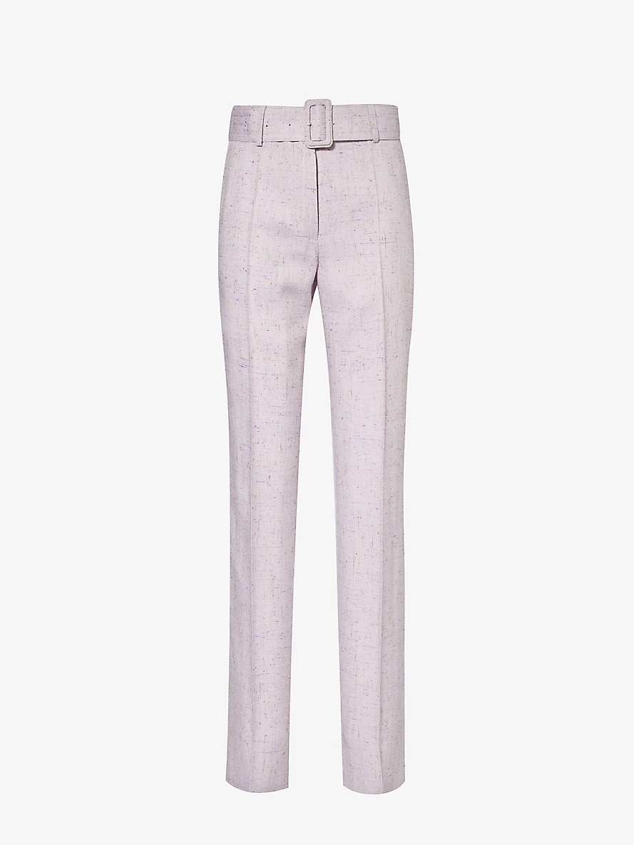 Belted-waistband pressed-crease woven trousers - 1